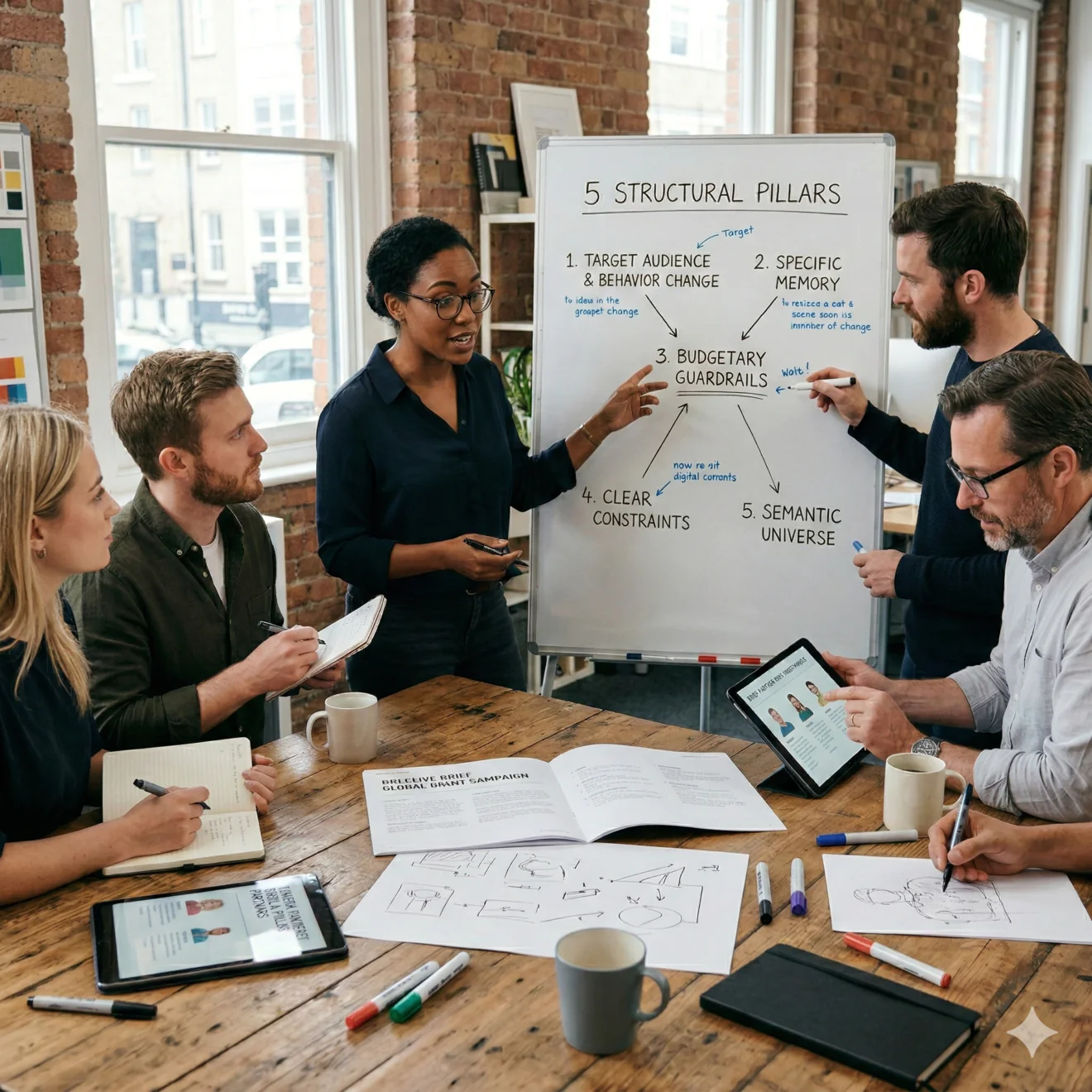Une équipe dynamique en plein brainstorming dans un bureau de style industriel, centrée sur un tableau blanc détaillant les « 5 piliers structurels » d'un brief