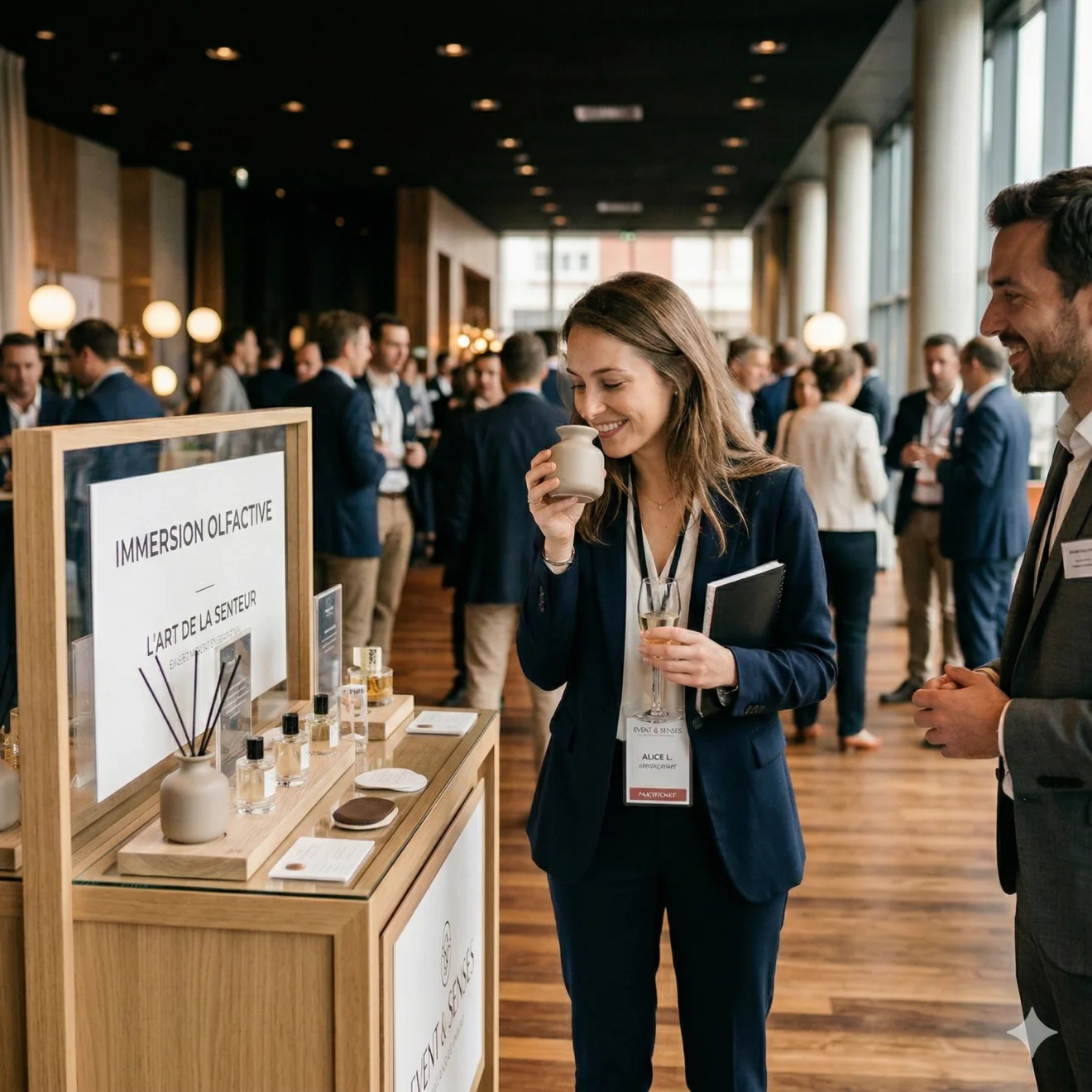 Une femme sourit en sentant un flacon en céramique devant un stand d'exposition intitulé "Immersion Olfactive", dans un hall événementiel animé.