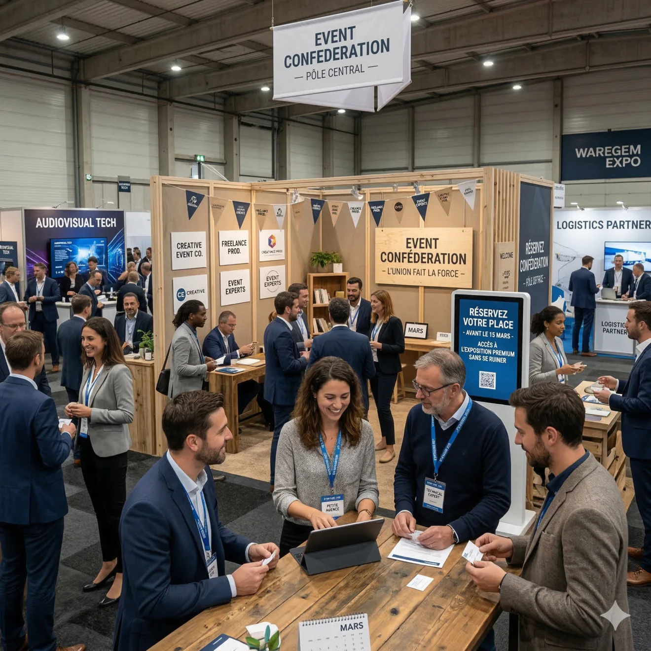 Accueil du salon et zone de rendez-vous d'affaires stratégiques.