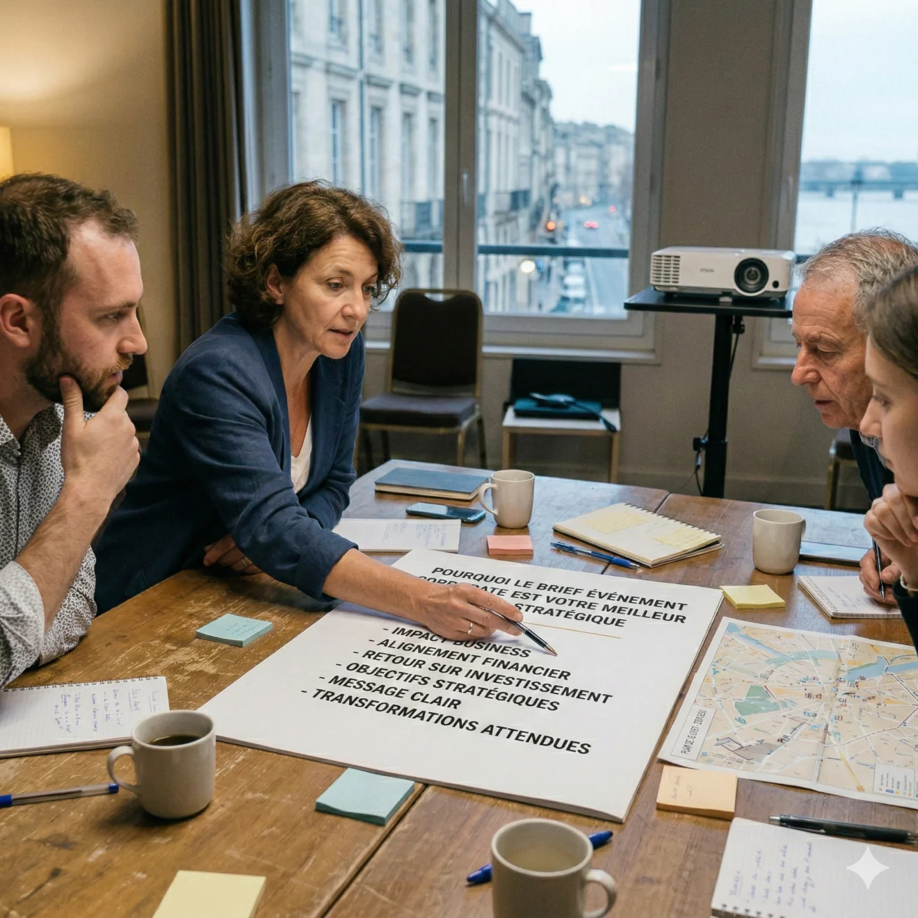 Une réunion de travail studieuse où une femme pointe une affiche listant les objectifs stratégiques d'un brief événementiel corporate