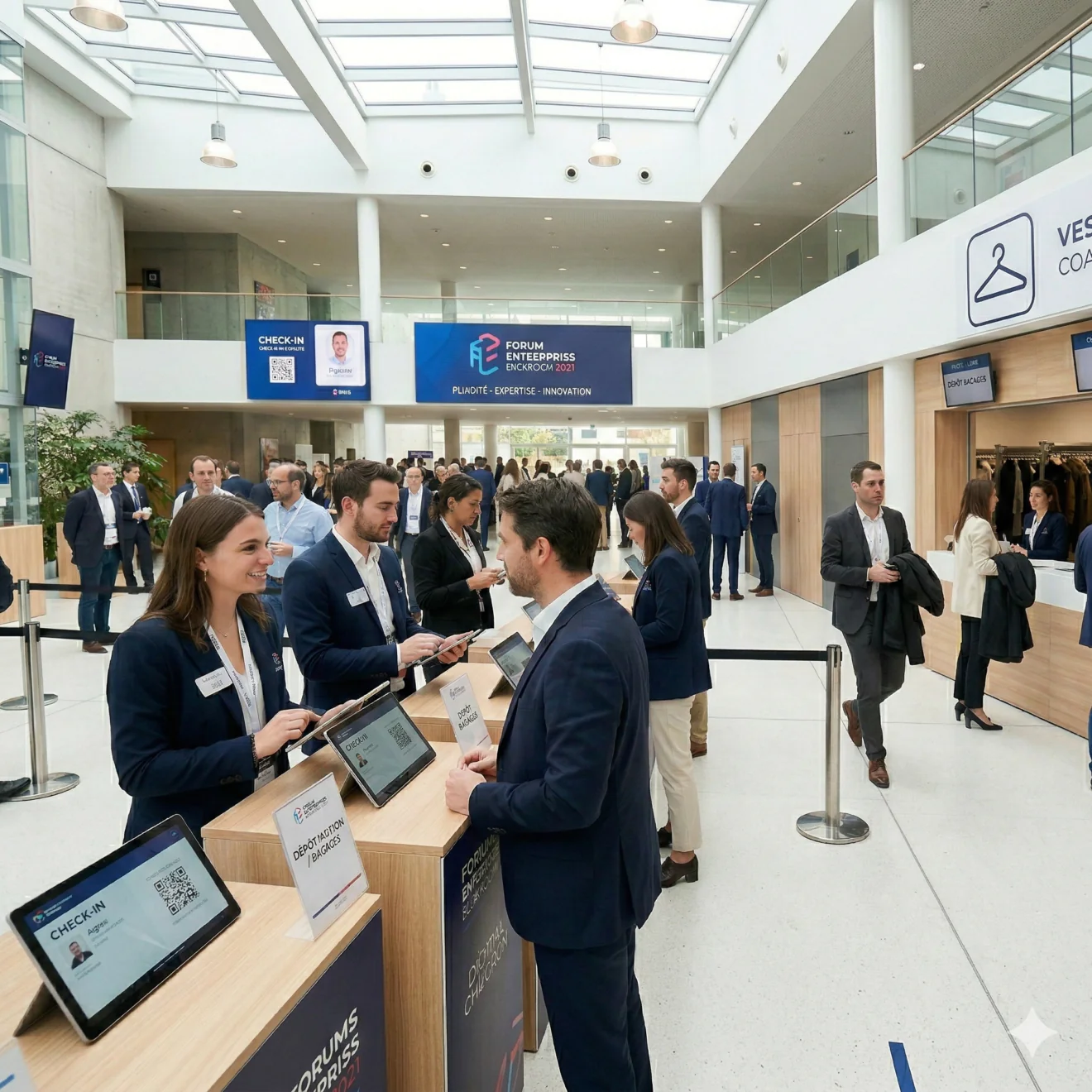 Hall événementiel en format carré montrant le check-in digital au premier plan et le comptoir vestiaire à droite.