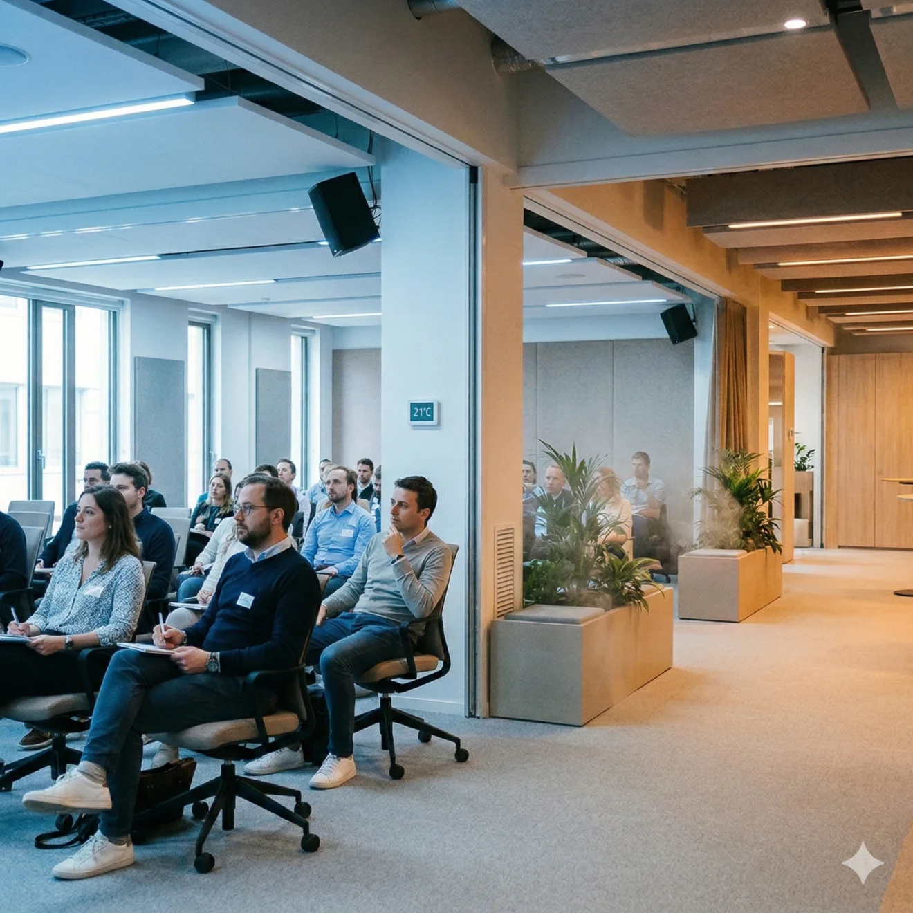 Participants prenant des notes dans une salle de conférence lumineuse avec vue sur un couloir végétalisé.
