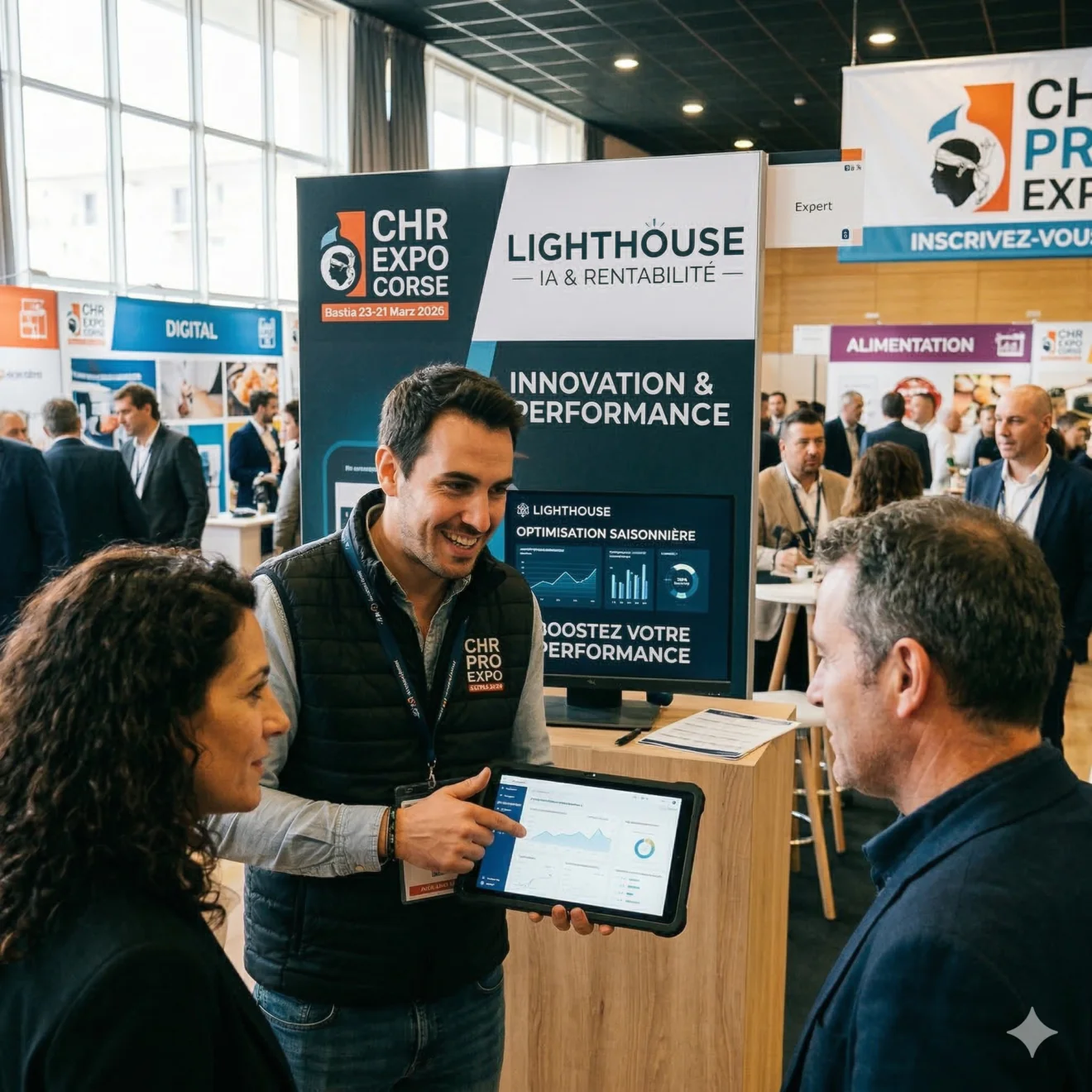 Démonstration d'un logiciel de gestion sur tablette au stand Lighthouse lors d'un salon CHR.