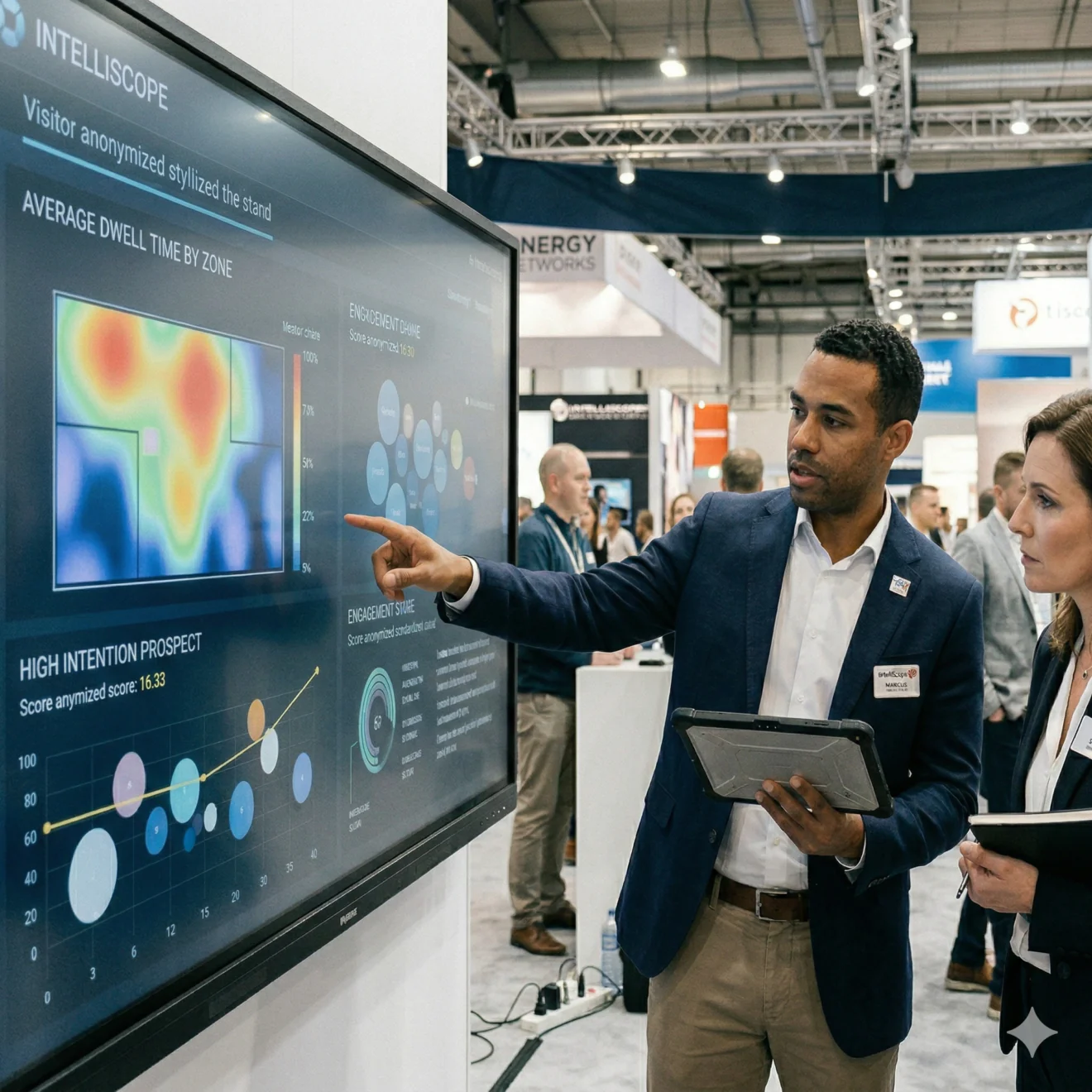 Analyse en temps réel d'une heatmap de fréquentation sur grand écran lors d'un salon technologique.