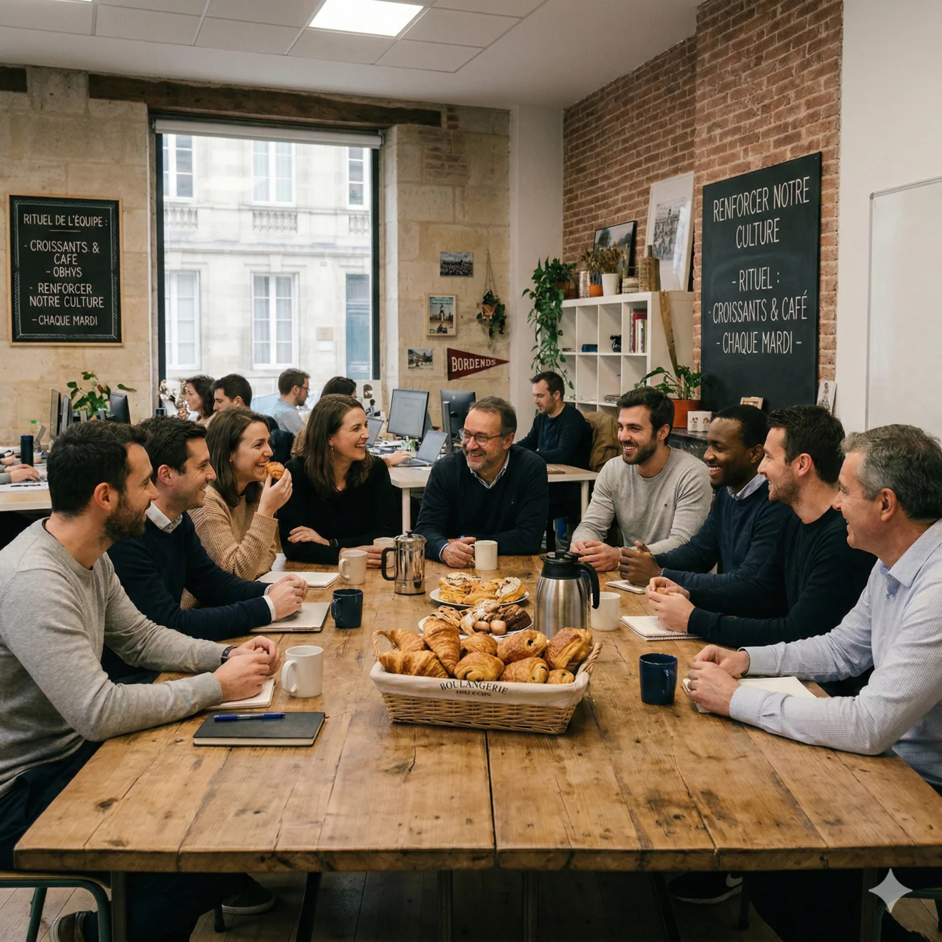 Une équipe de bureau réunie autour d'une grande table en bois pour un rituel "Croissants & Café". L'ambiance est conviviale, avec des viennoiseries et des carnets de notes, devant un tableau noir prônant le renforcement de la culture d'entreprise.