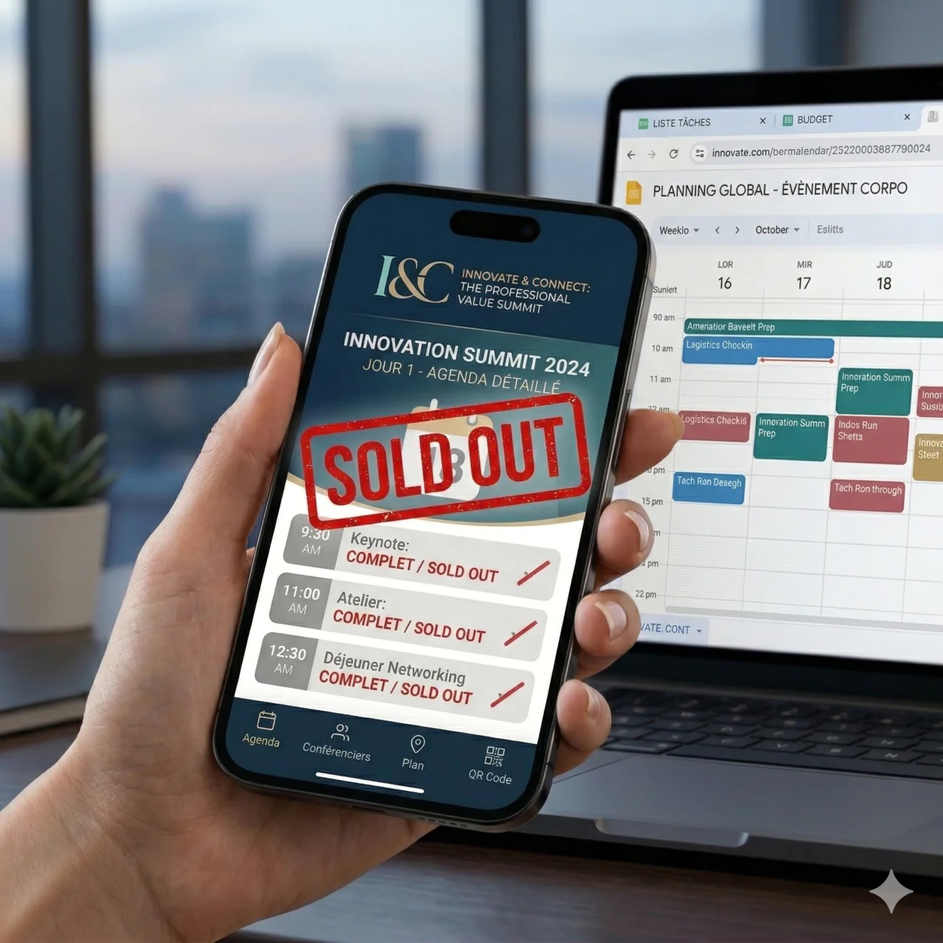 Smartphone affichant un agenda « SOLD OUT », illustrant l'exclusivité et la forte demande.