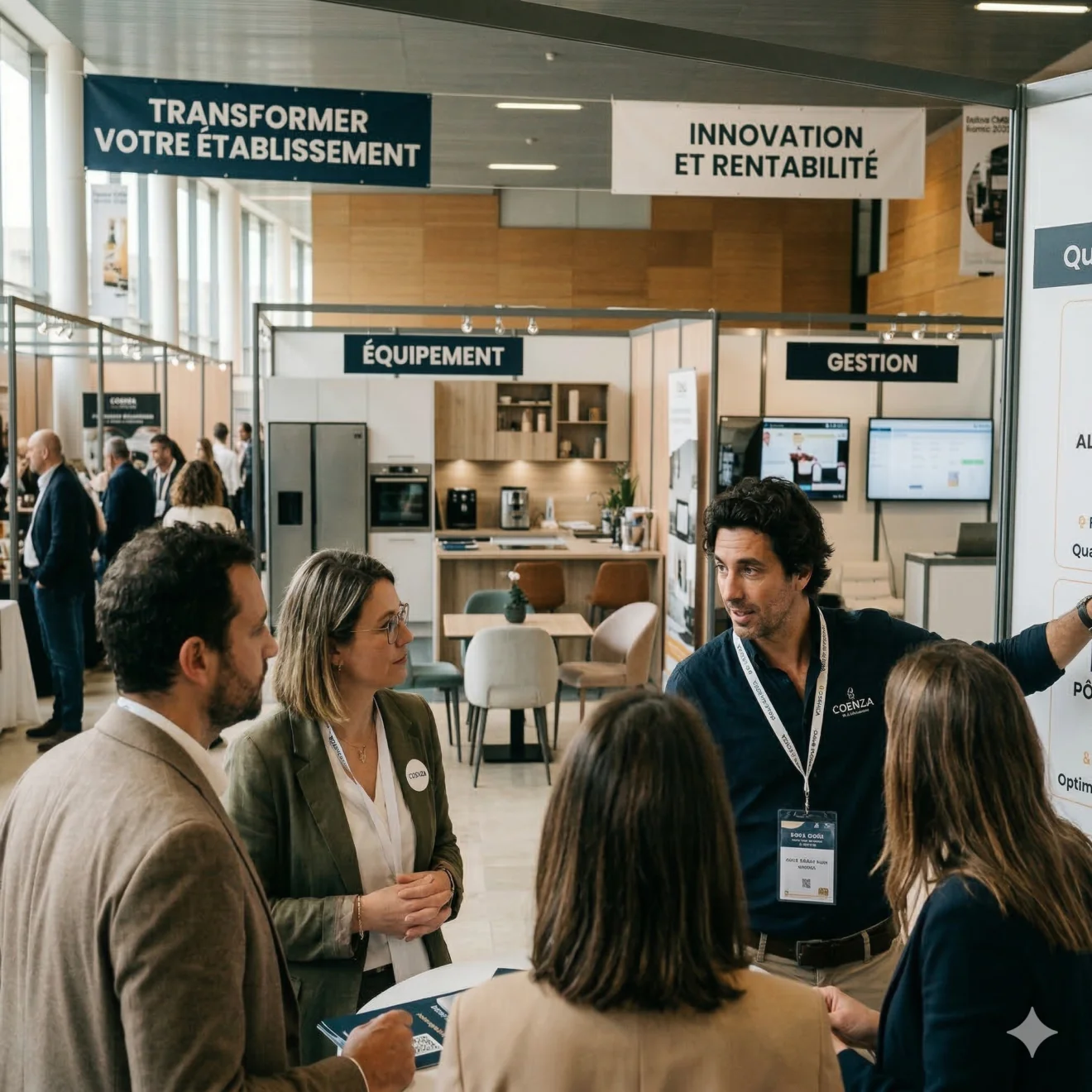 Présentation des pôles d'expertise (Alimentation, Équipement, Gestion) à des professionnels dans les allées du salon.