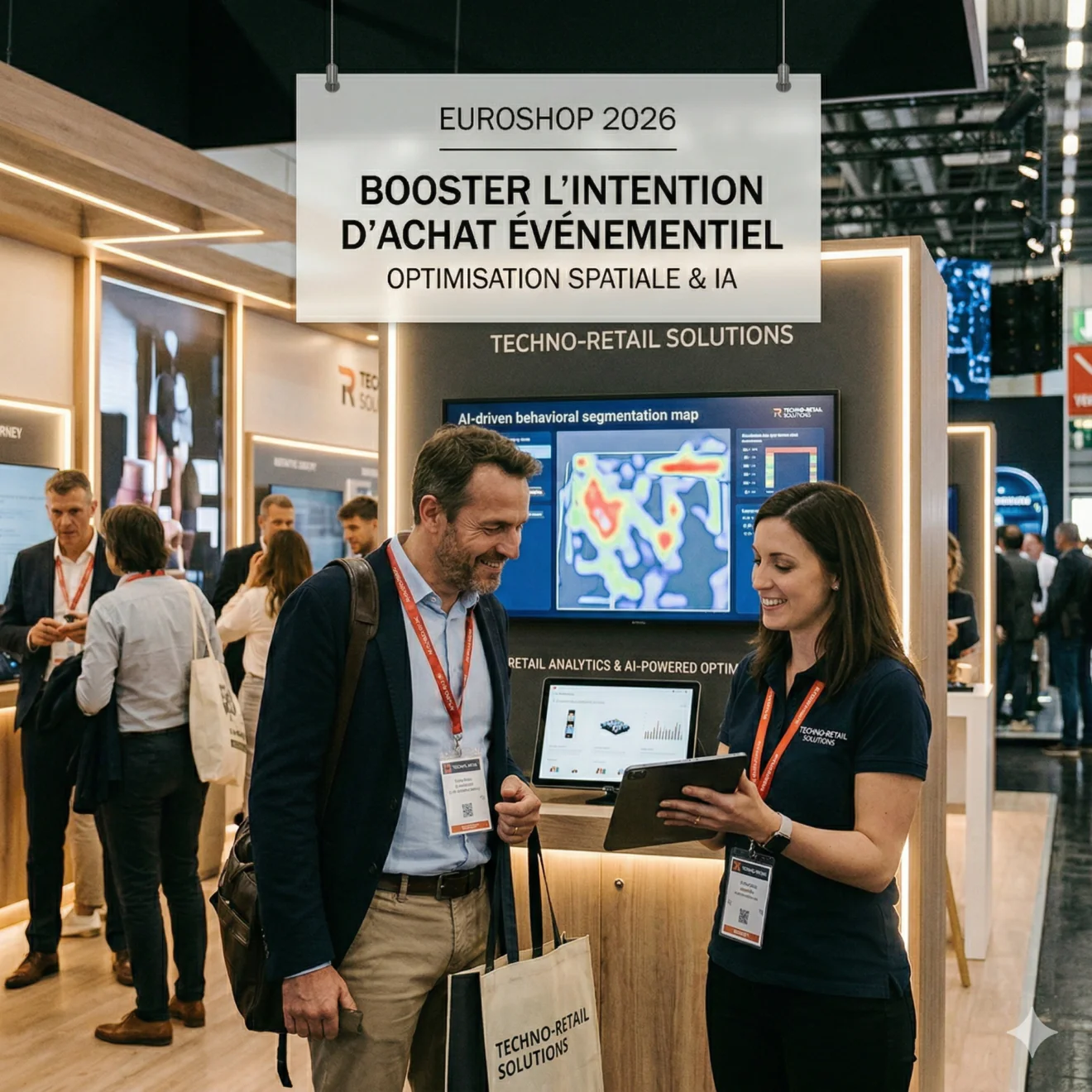 Échange entre une experte et un visiteur devant une affiche EuroShop 2026 sur l'optimisation de l'intention d'achat.
