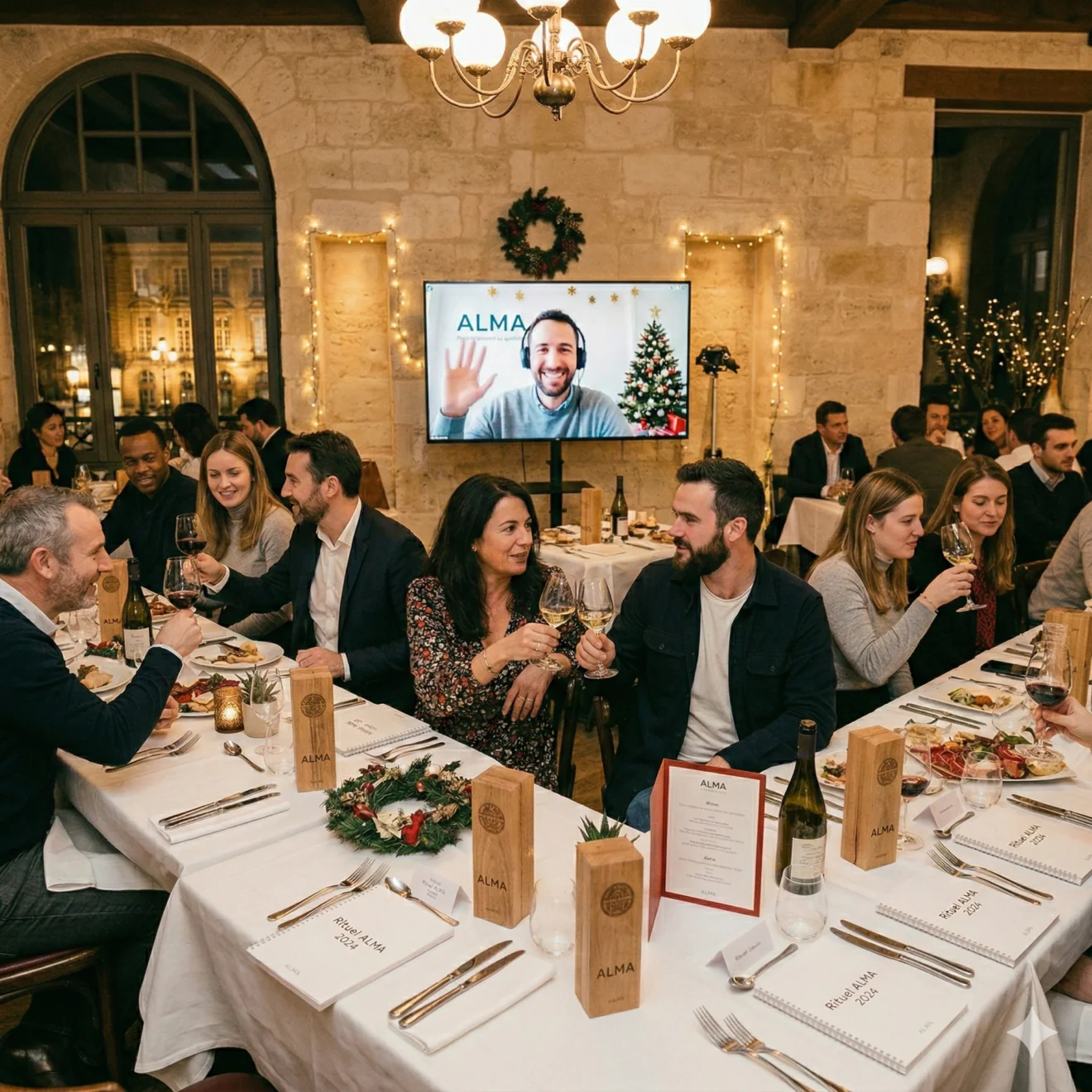 Un repas d'équipe festif dans une salle aux murs en pierre, décorée pour Noël. Les collaborateurs trinquent avec des verres de vin, entourés d'objets totems en bois marqués "ALMA" et de carnets "Rituel ALMA 2024", tandis qu'un collègue participe en visioconférence.