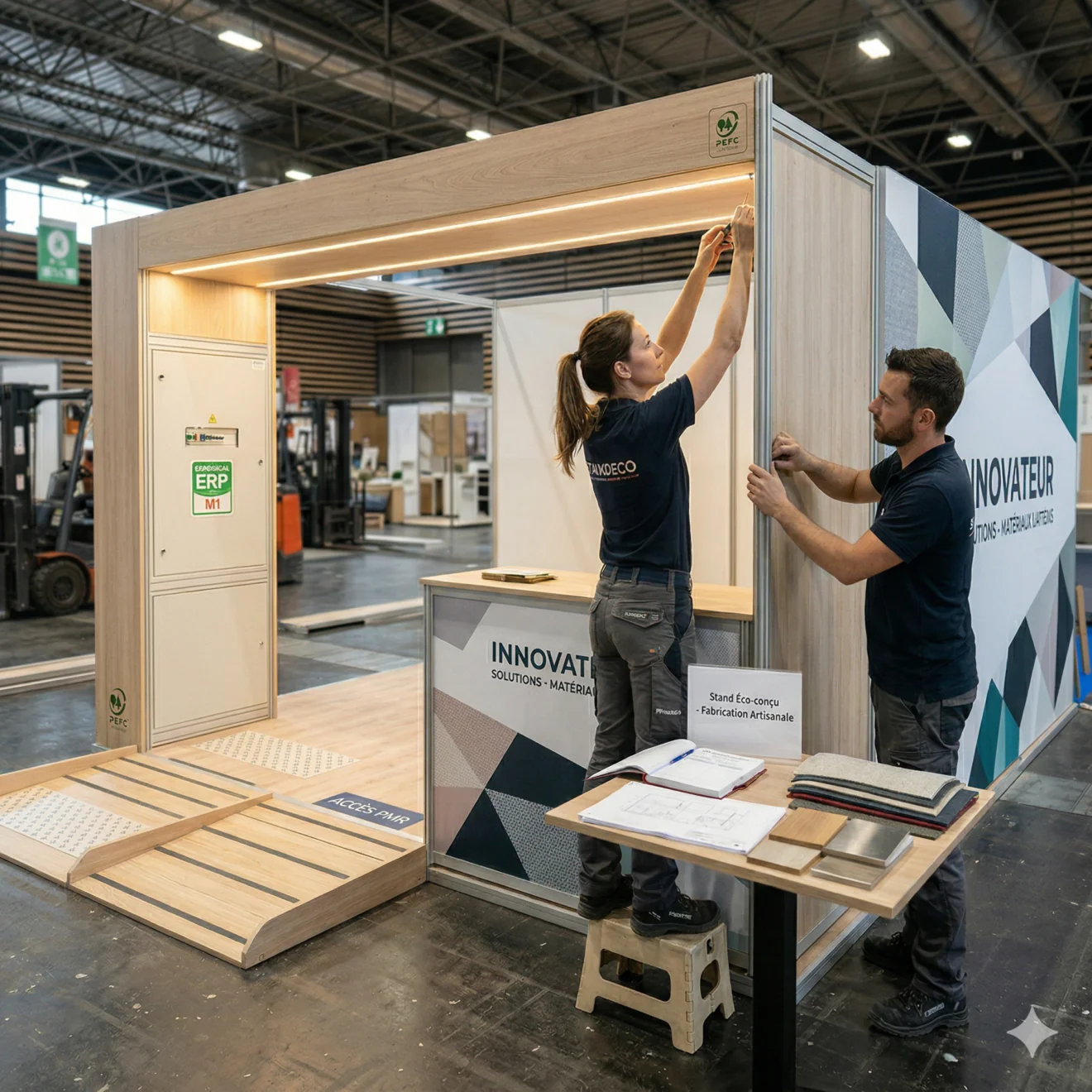 Artisans assemblant une structure de stand en bois respectant les normes de sécurité et d'accessibilité.
