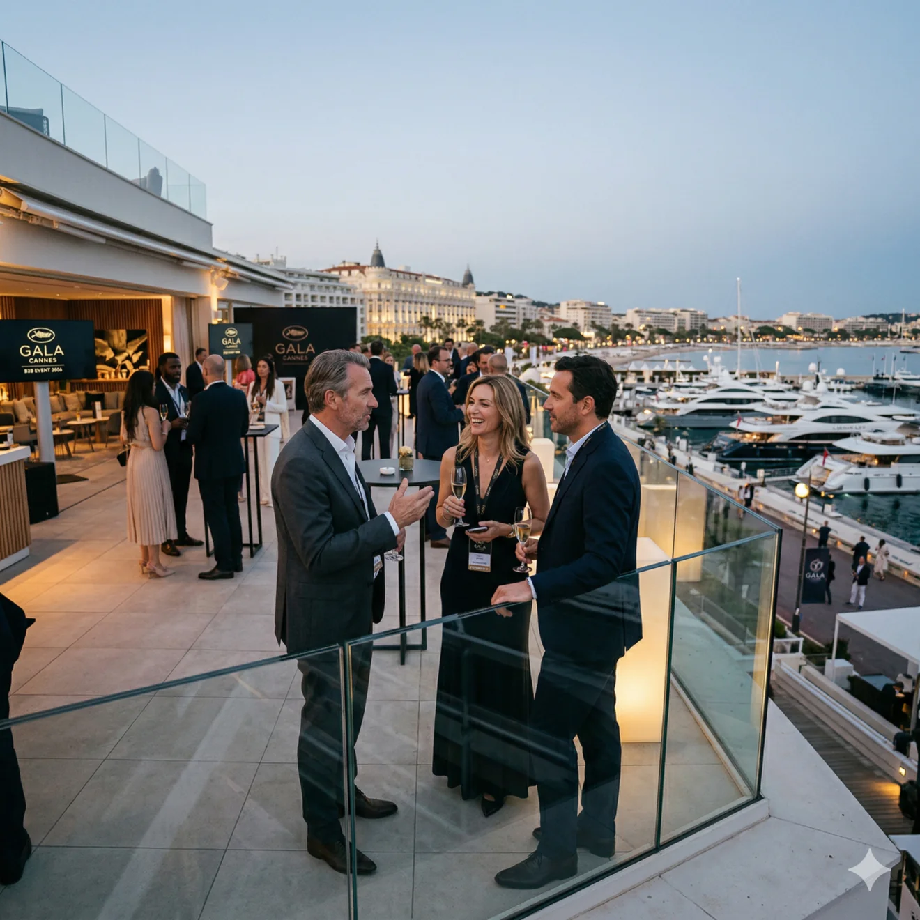 Trois professionnels en tenue de soirée échangent sur une terrasse luxueuse avec vue panoramique sur le port de Cannes au crépuscule.