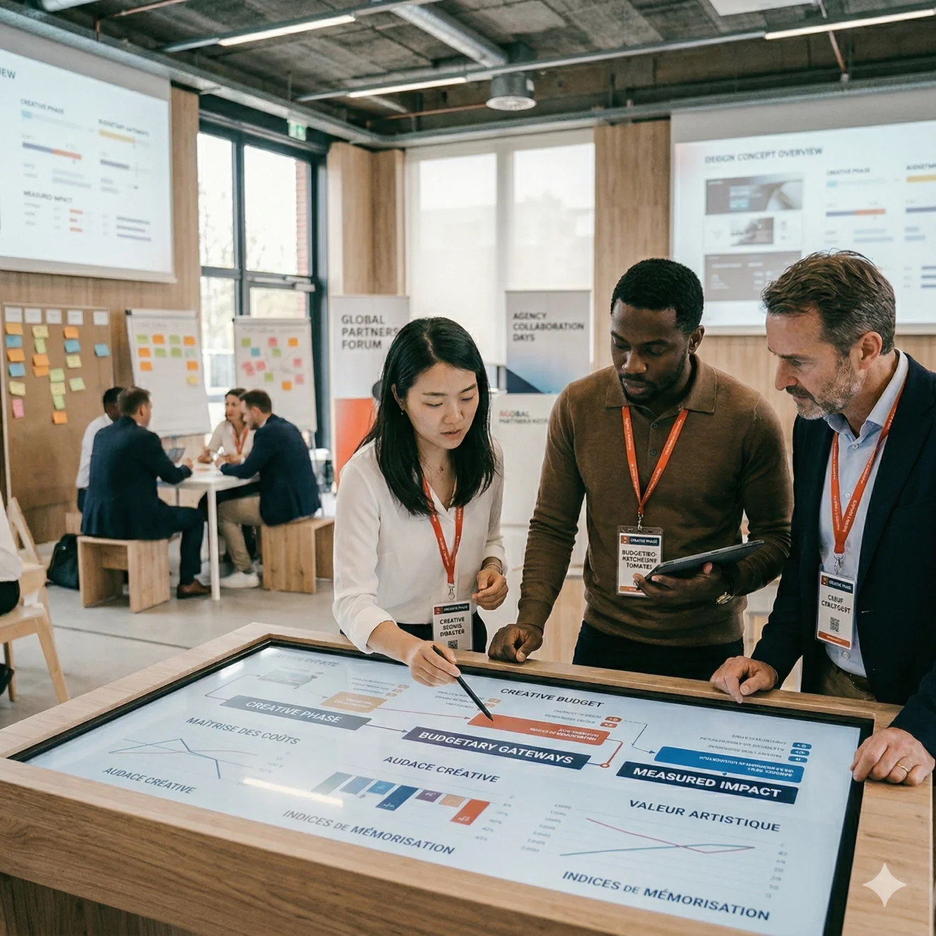 Collaboration stratégique autour d'une table tactile affichant des indicateurs d'impact et de mémorisation.