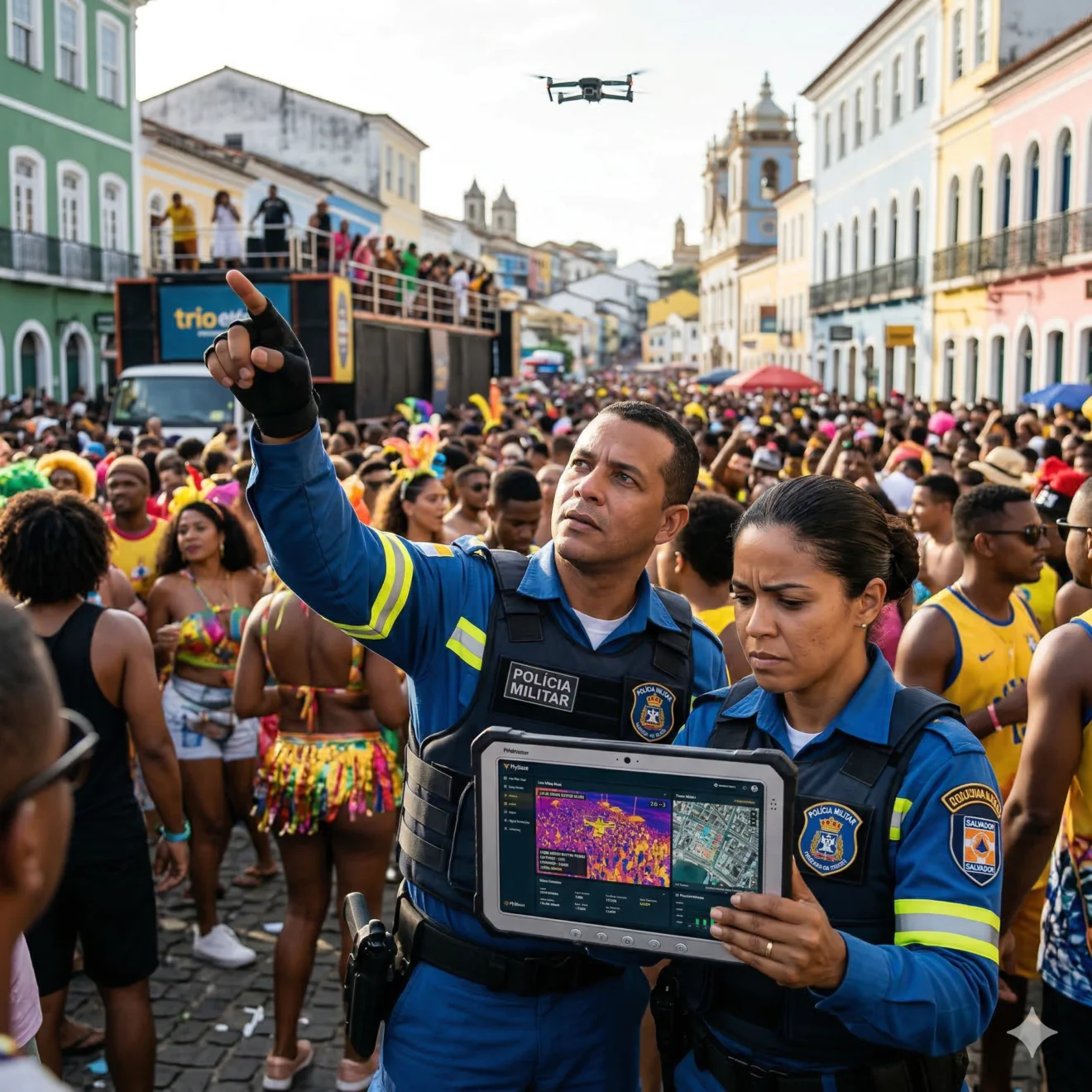 Deux policiers en uniforme analysent en direct les images d'un drone sur une tablette tactique au cœur d'une rue bondée durant les festivités.