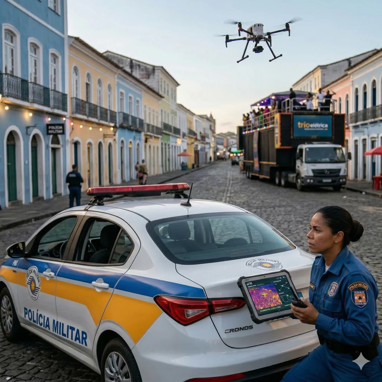 Une policière utilise une tablette de contrôle 5G à l'arrière d'un véhicule de patrouille standard, tandis qu'un drone de surveillance survole une rue historique de Salvador.