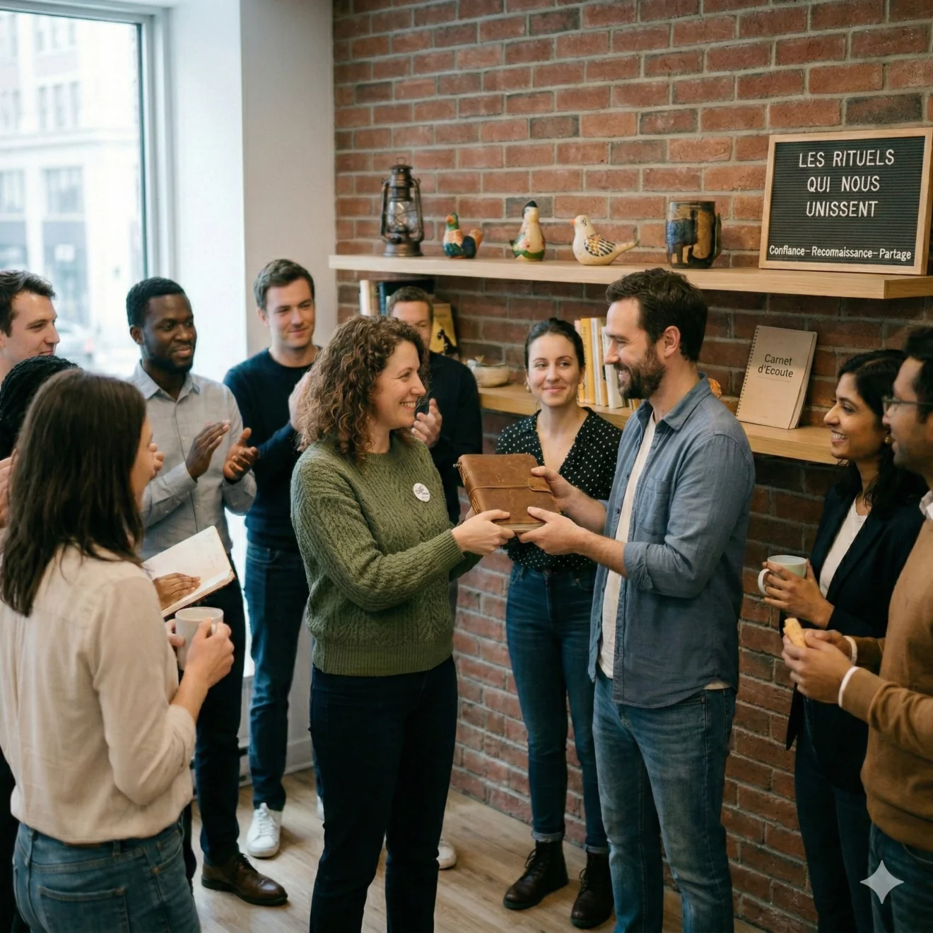Une équipe réunie dans un bureau moderne avec un mur en briques. Un homme remet solennellement un carnet en cuir à une collègue souriante sous les applaudissements du groupe, illustrant un rituel de reconnaissance et de partage.