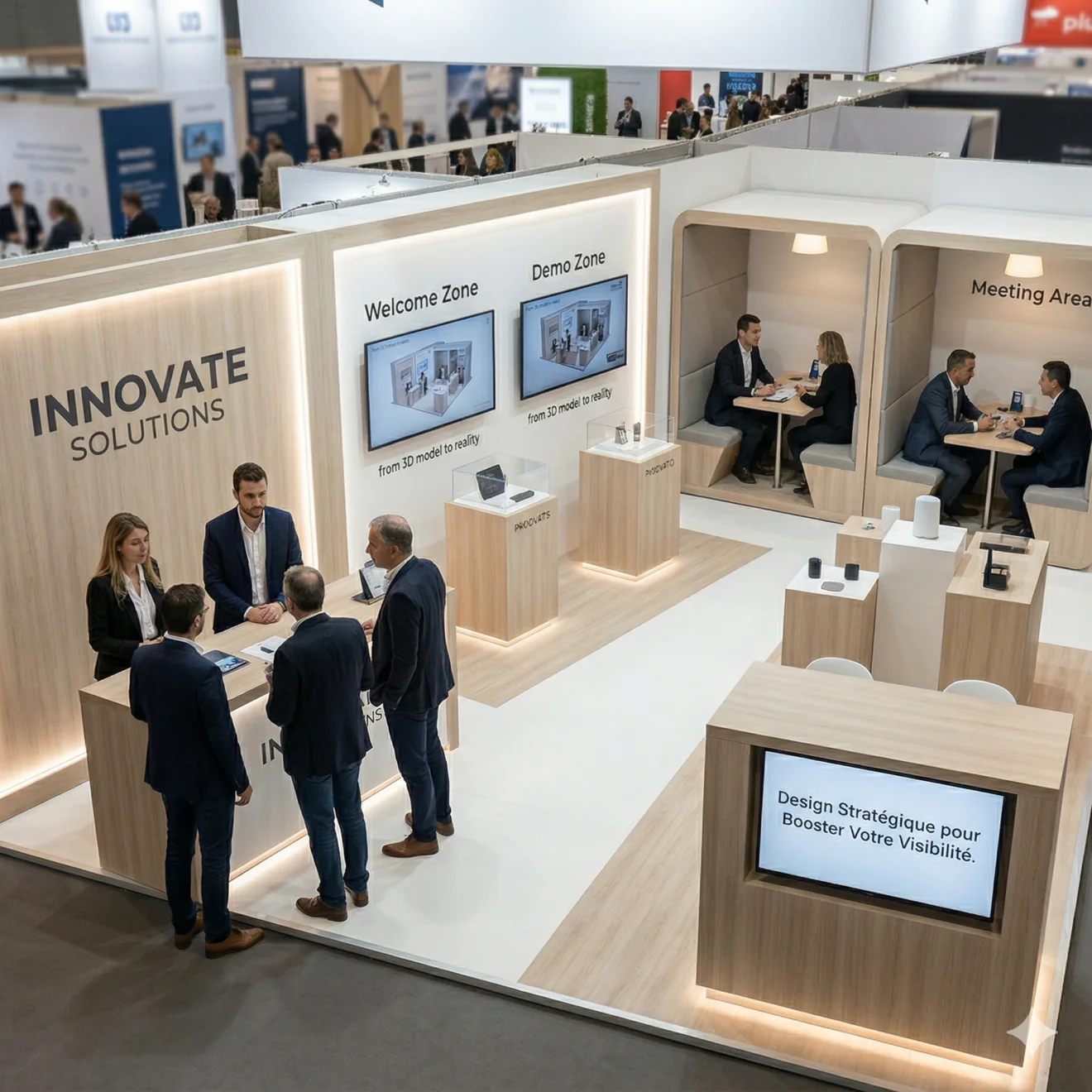Vue d'un stand moderne avec zones de réunion et écrans de démonstration 3D en salon professionnel.