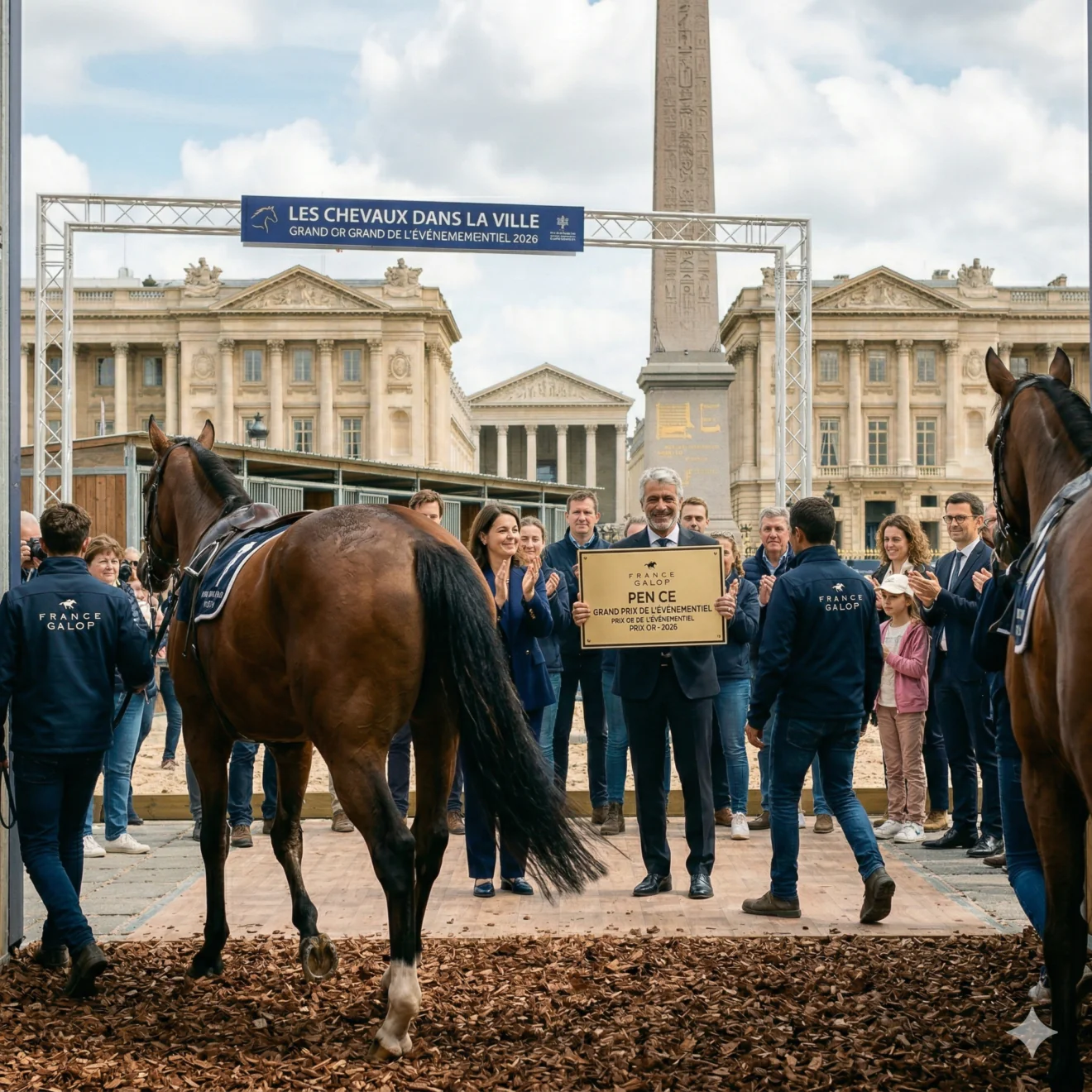 Un homme en costume présente une plaque "Prix Or" devant une équipe France Galop et des chevaux, sous une arche événementielle à Paris.