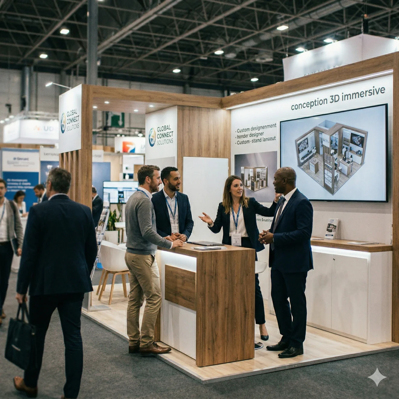 Professionnels échangeant sur un stand moderne avec écran de conception 3D immersive.