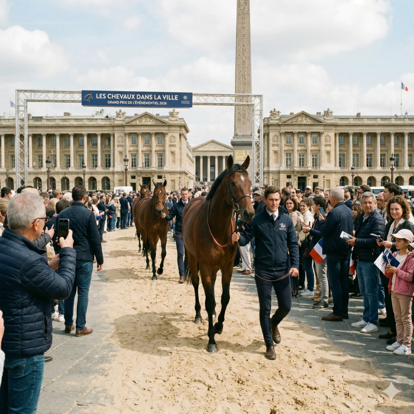 Un homme mène un cheval de course sur une piste de sable éphémère à la Place de la Concorde, devant une foule de spectateurs.