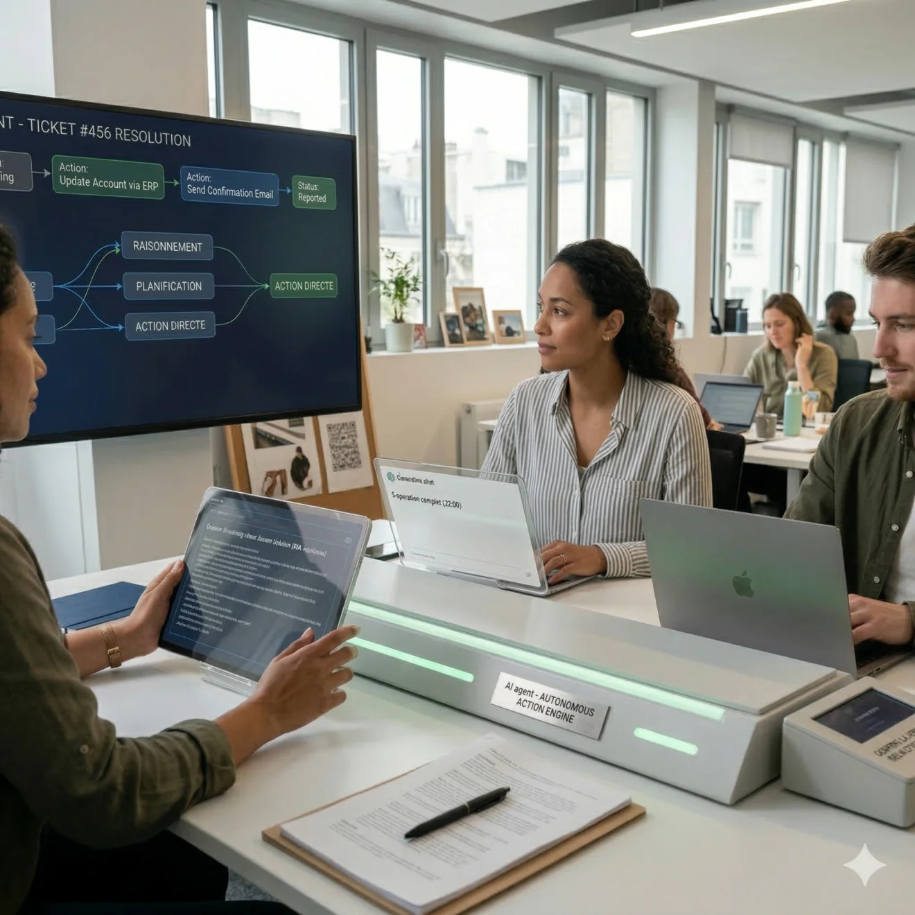 Espace de travail ouvert (open space) avec des analystes consultant des tablettes, dominé par un grand écran de contrôle stratégique.