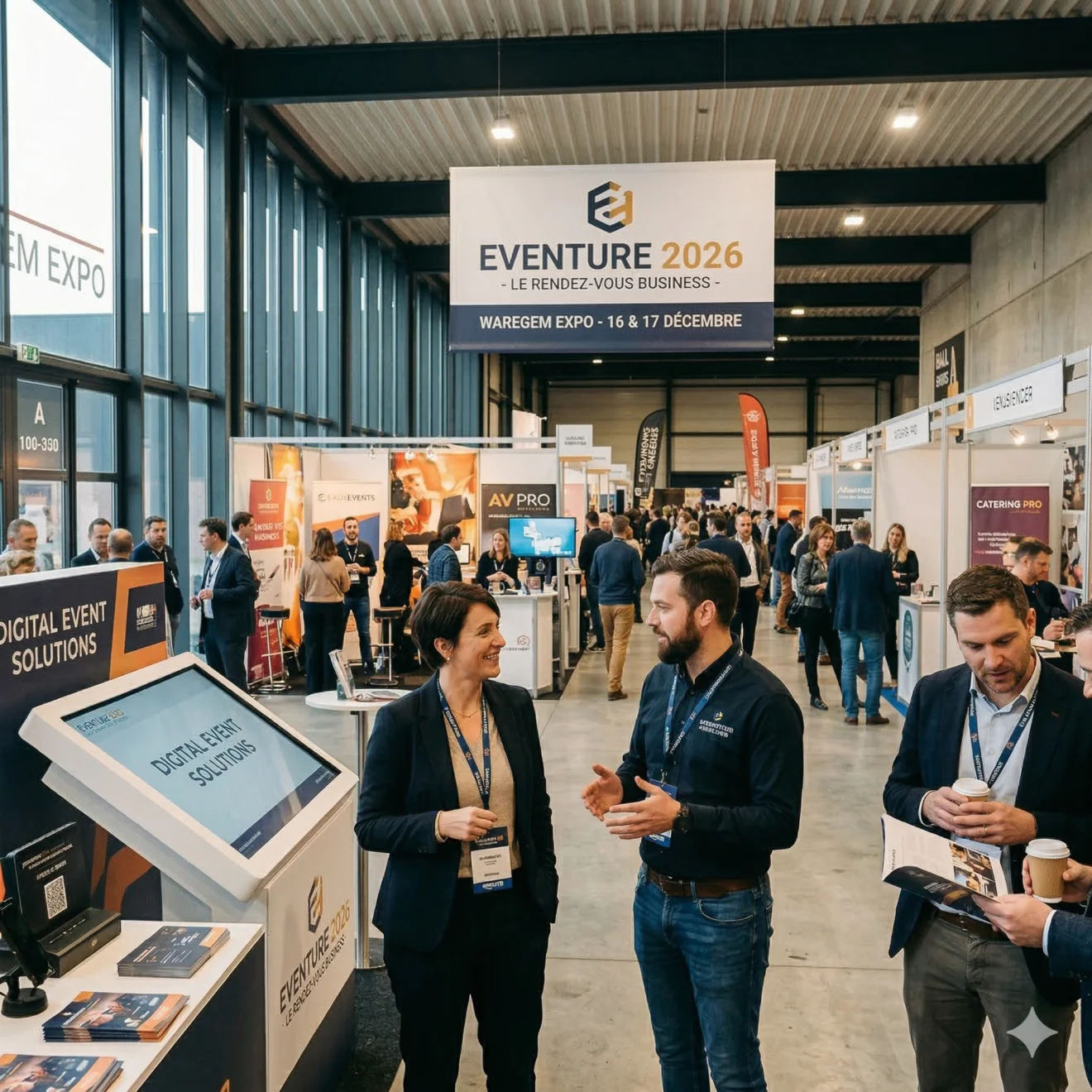 Hall d'exposition sous chapiteau avec stands IT et logistique animés.