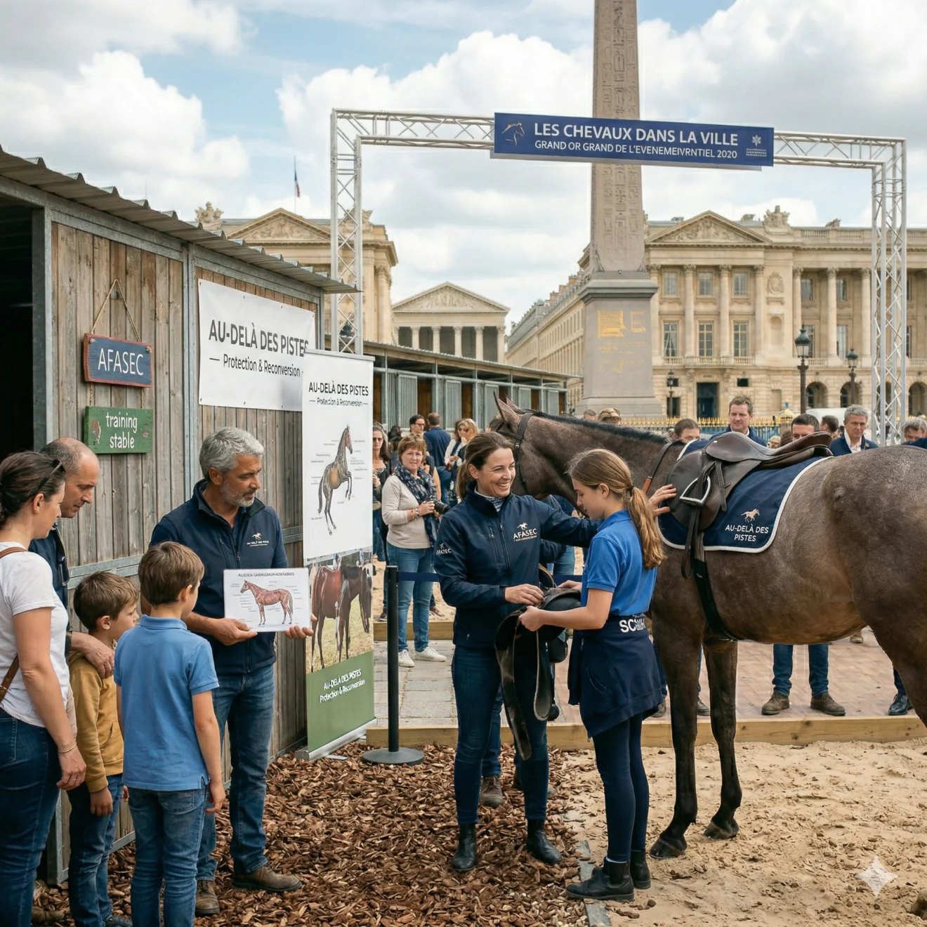 Des professionnels et des enfants interagissent avec un cheval devant des stands de l'AFASEC et d'Au-Delà des Pistes, Place de la Concorde.