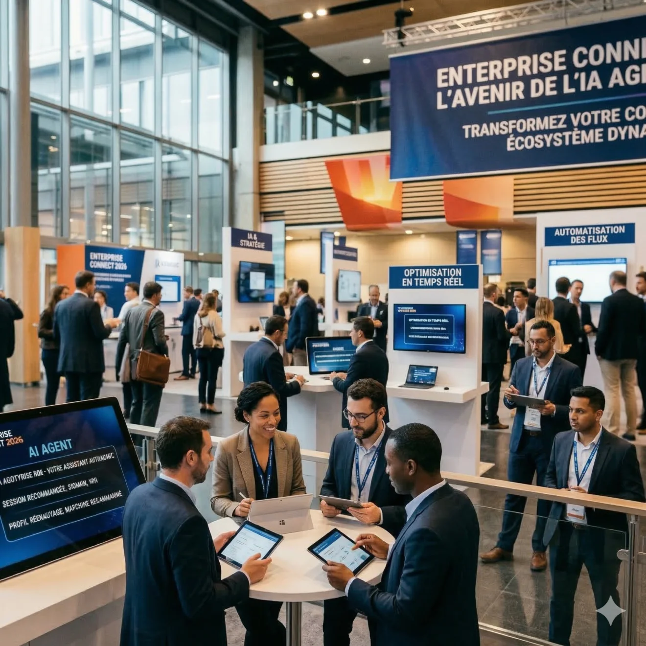 Vue d'ensemble d'un salon B2B moderne avec stands d'exposition, écrans digitaux et professionnels en réunion autour d'une table haute.