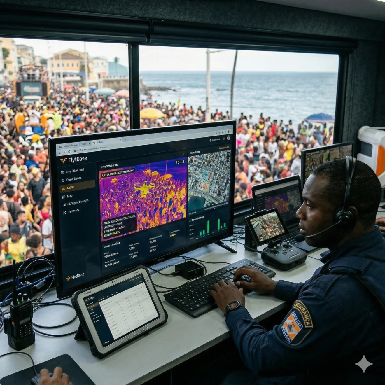 Un agent de sécurité supervise le carnaval de Salvador depuis un poste de contrôle mobile, avec des écrans affichant des flux thermiques de la foule et des cartes de densité en temps réel.