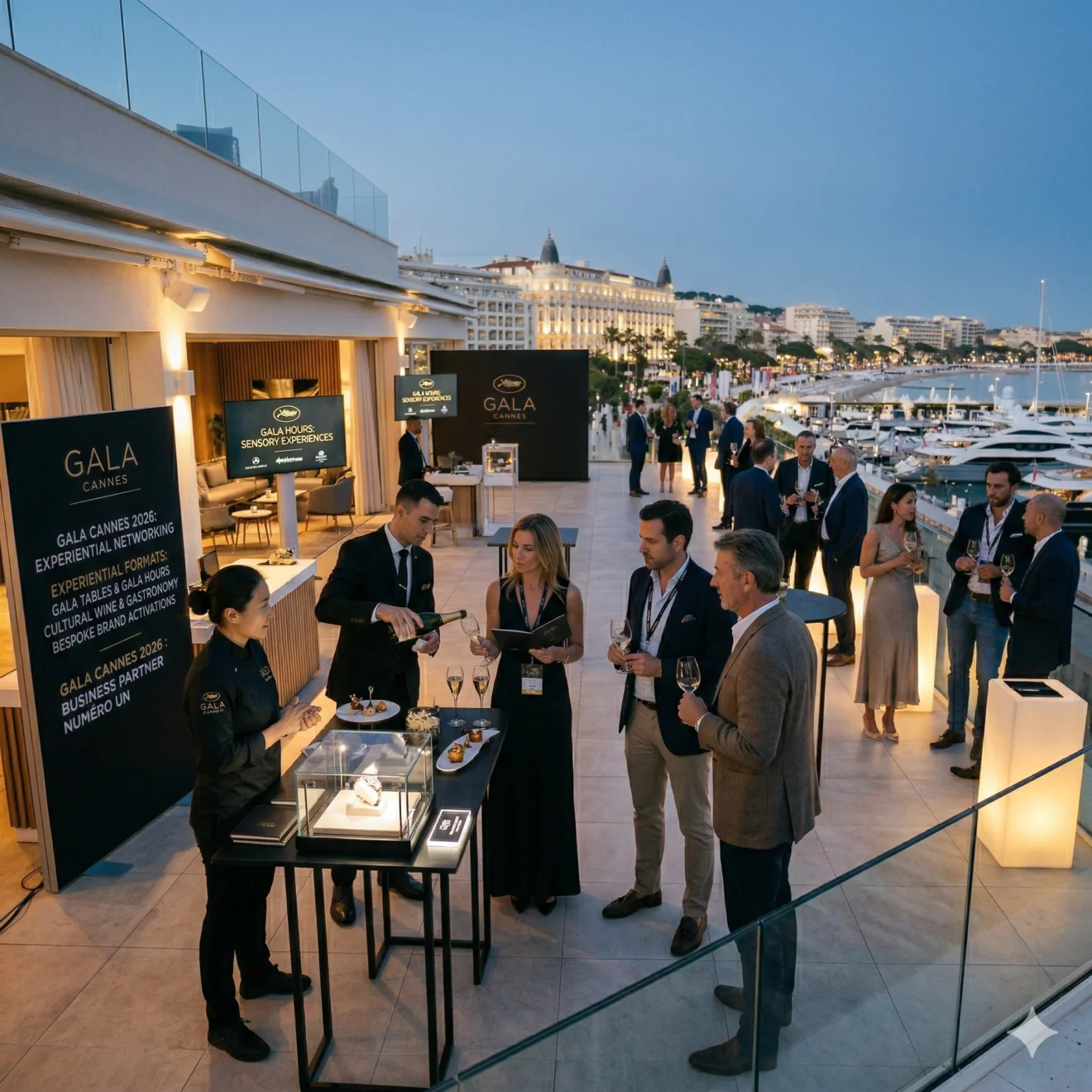Service de gastronomie et champagne sur mesure pour des invités VIP, illustrant les nouveaux formats expérientiels "Gala Tables" et "Gala Hours".