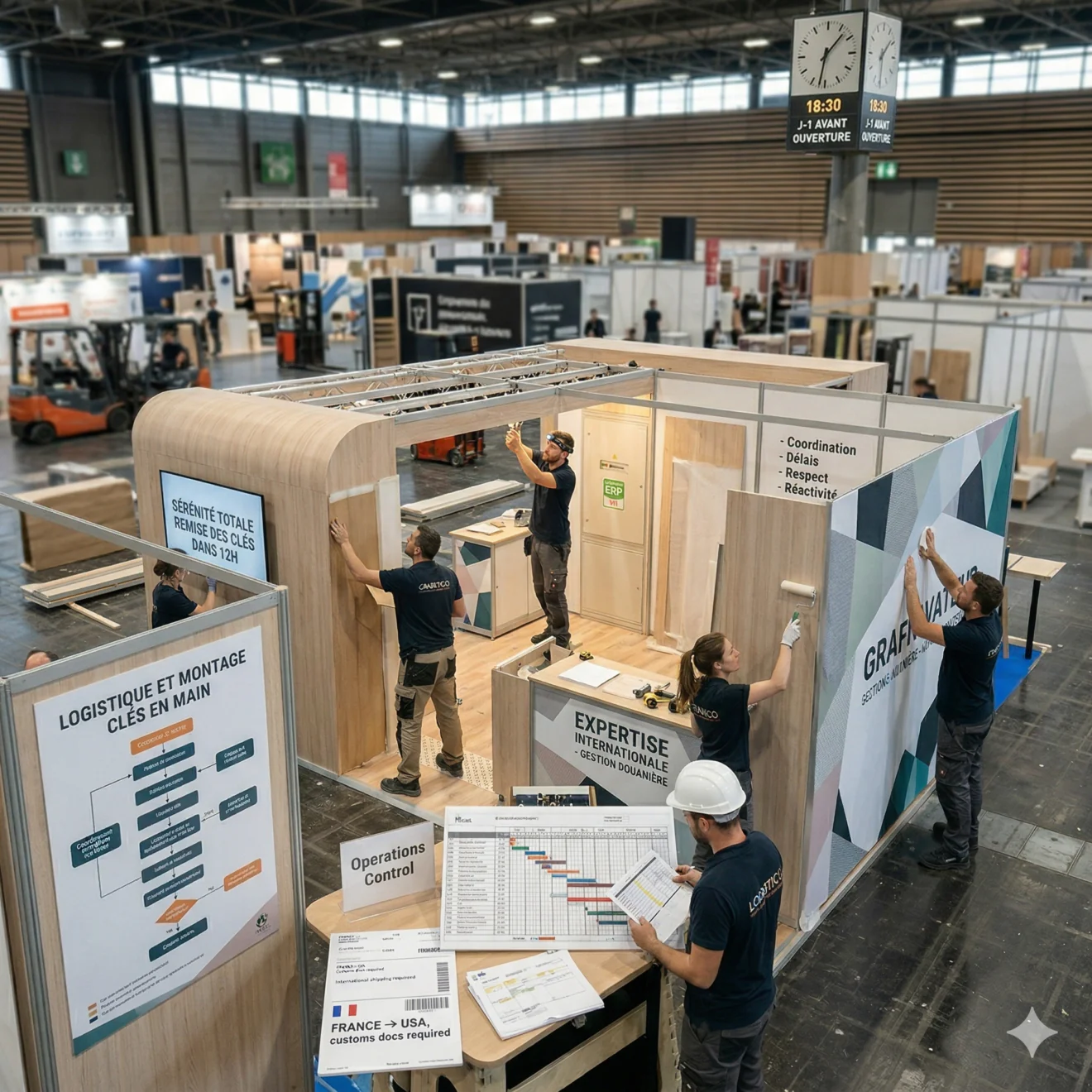 Équipe de montage finalisant un stand d'exposition avec gestion logistique et planning technique.