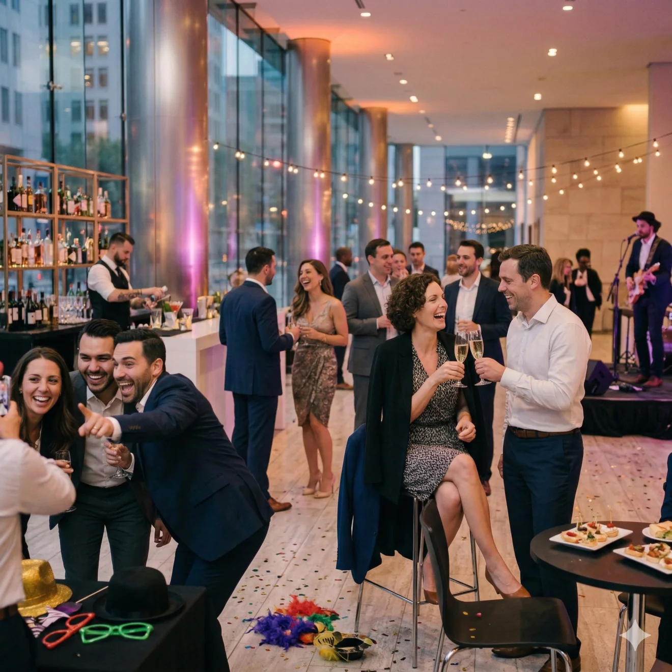 Soirée VIP prestigieuse avec networking, cocktails et musique live dans un cadre moderne.