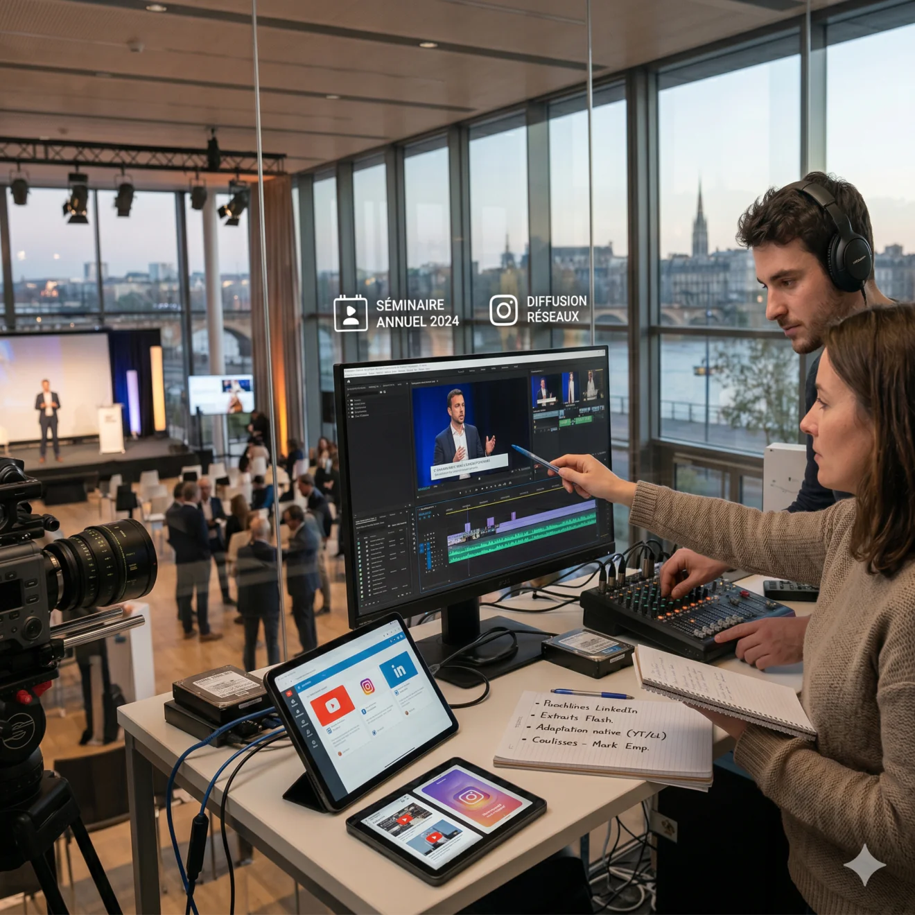 Équipe en régie mobile éditant un talk en temps réel pour LinkedIn et YouTube, avec vue sur l'événement.