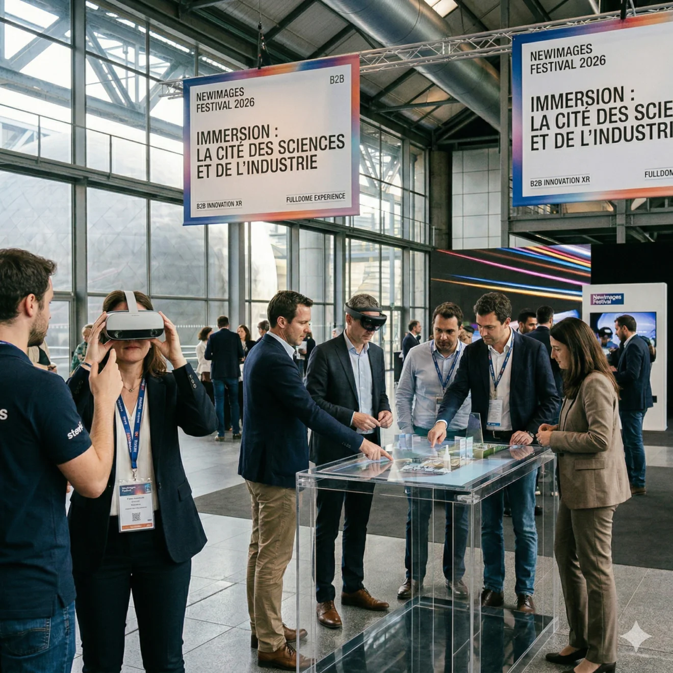 Des professionnels testent des casques VR et discutent autour d'une maquette 3D à la Cité des sciences, sous des bannières "NewImages Festival 2026".