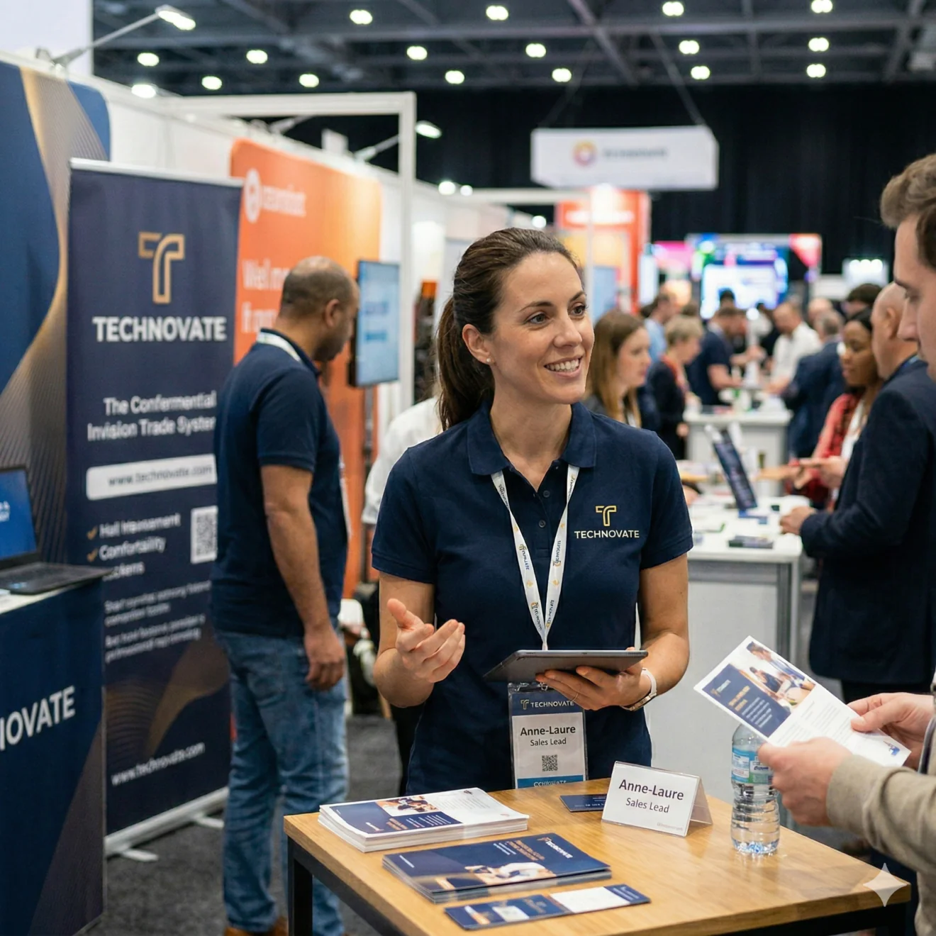 Commerciale en polo bleu marine avec badge et tablette sur un stand.