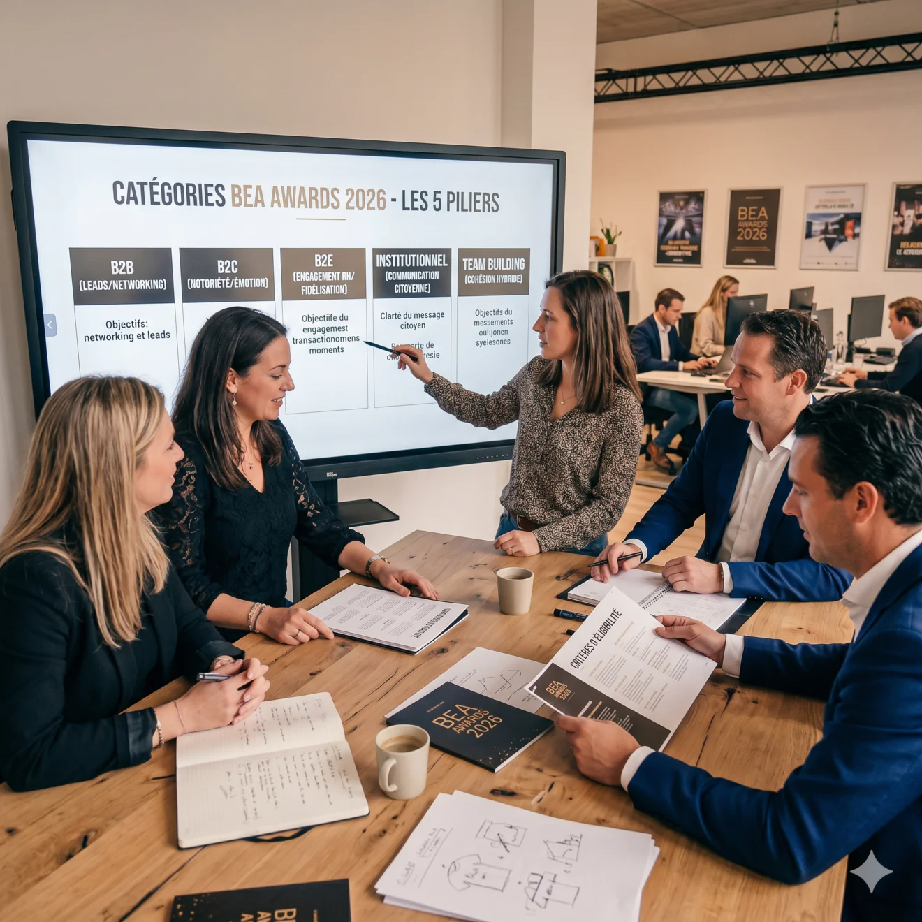 Une équipe en agence analyse les cinq piliers stratégiques (B2B, B2C, B2E, Institutionnel, Team Building) sur un écran interactif.