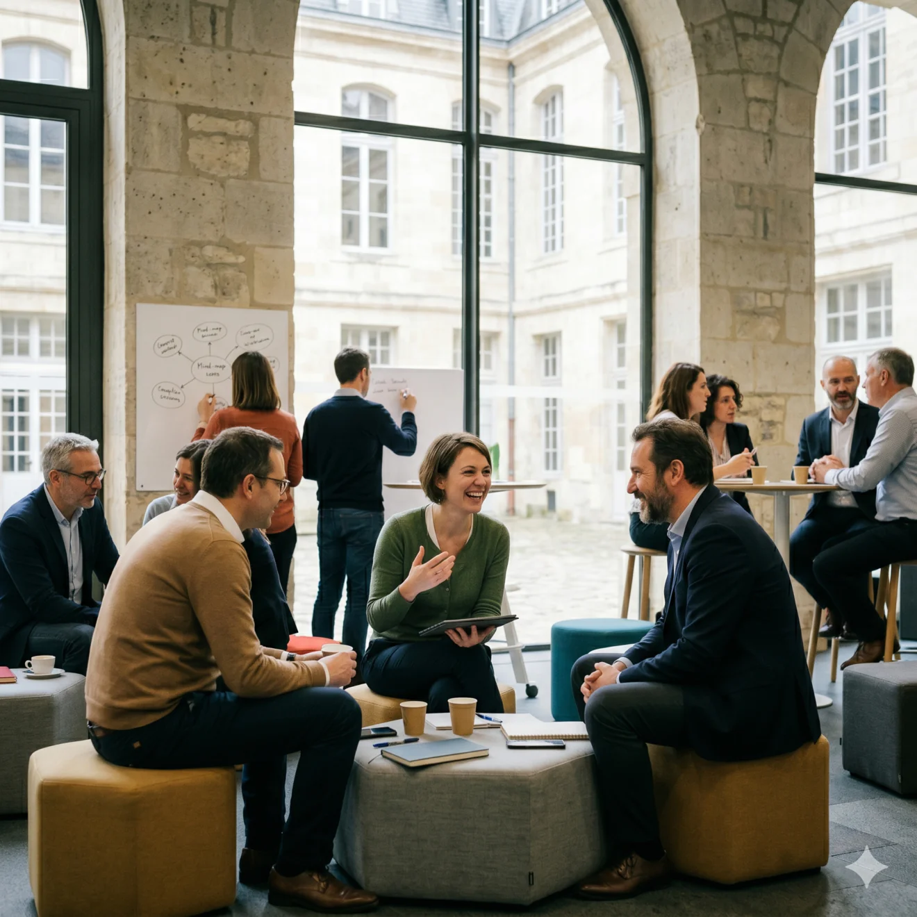 Échanges informels et souriants entre professionnels dans un atrium lumineux.