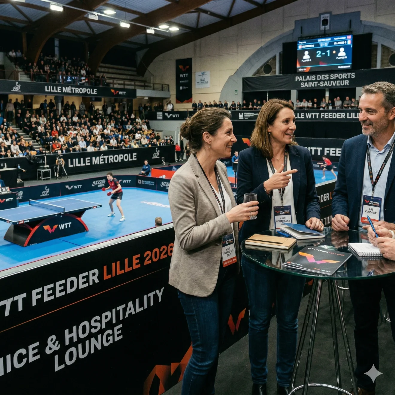 Professionnels en salon VIP avec vue sur match.