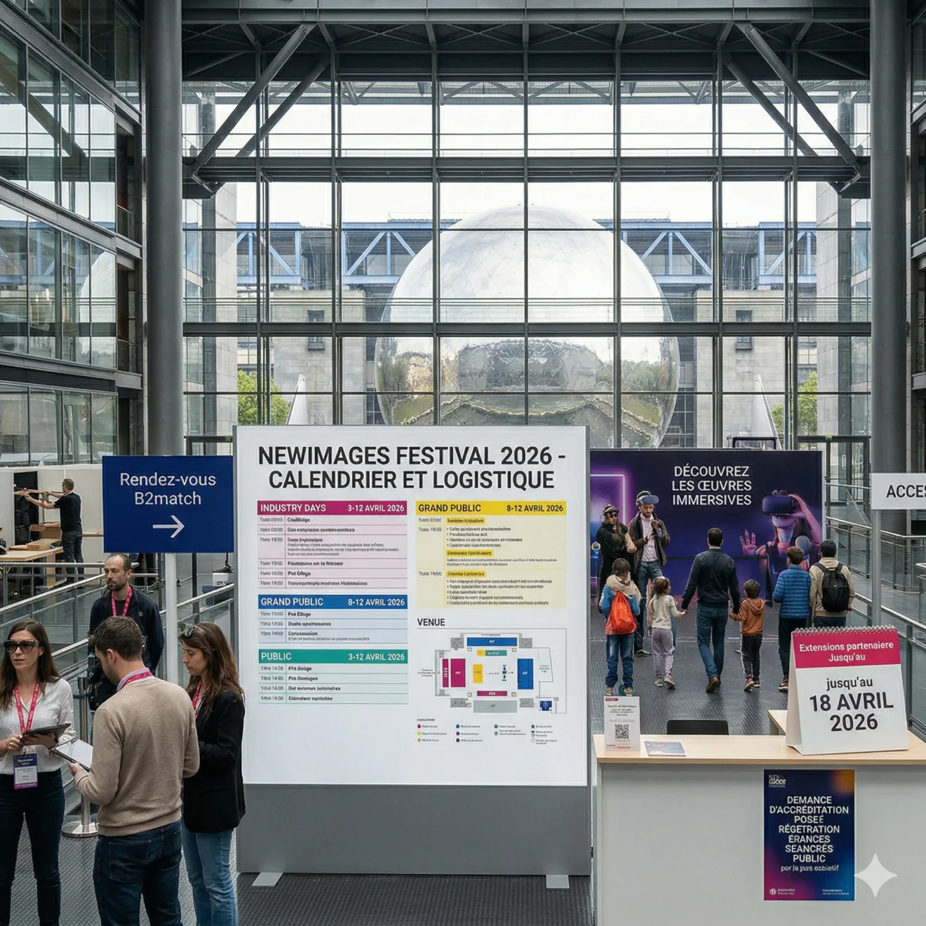 Un grand panneau d'affichage présente le calendrier et la logistique du festival dans le hall de la Villette, avec la Géode en arrière-plan.