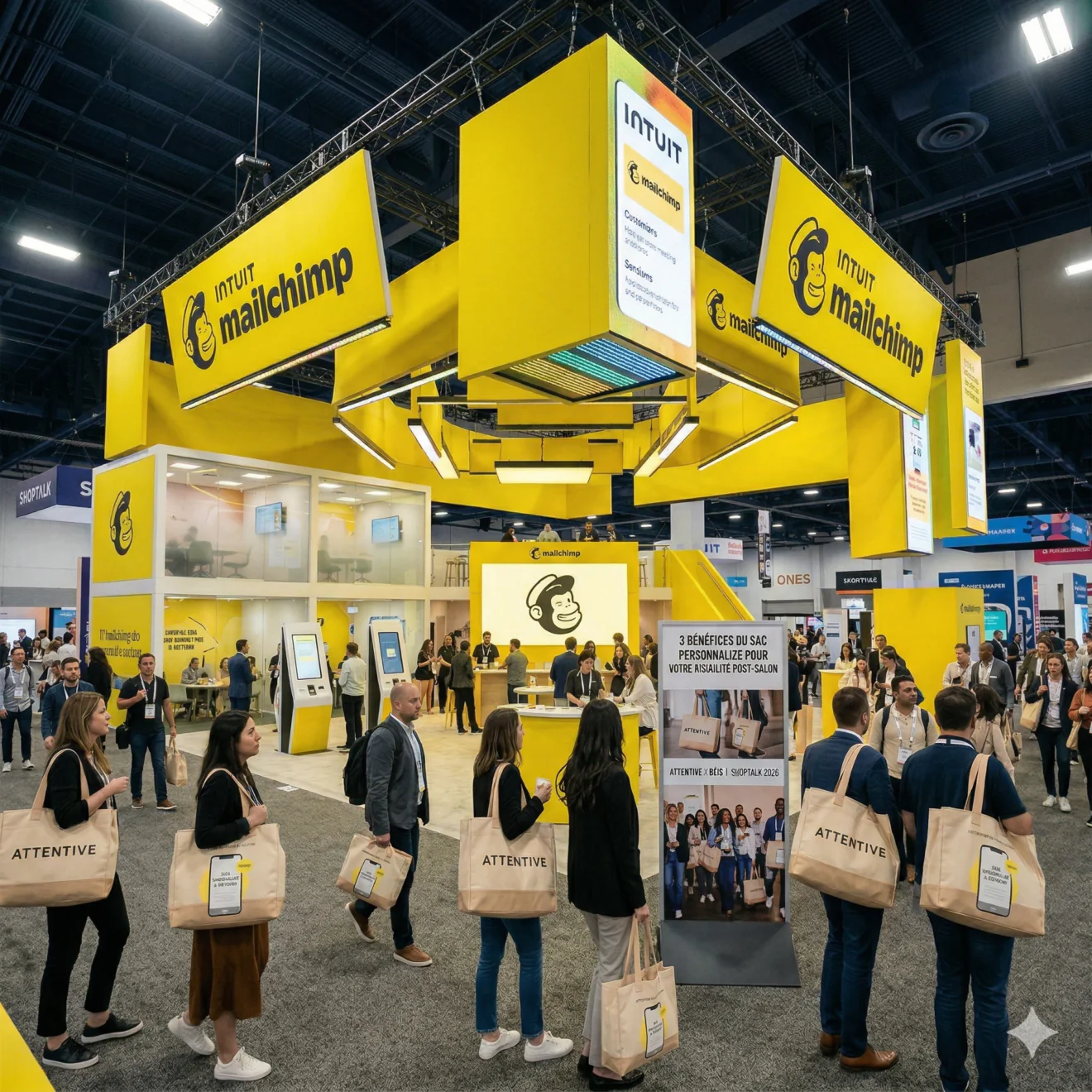 Stand Mailchimp géant et visiteurs avec sacs Attentive.