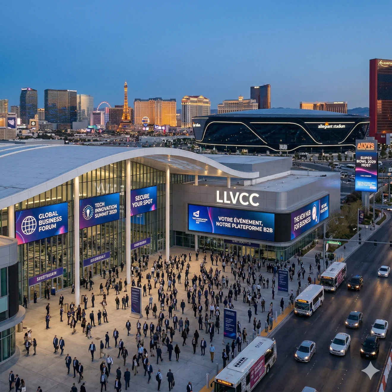 Vue aérienne du Las Vegas Convention Center illuminé au crépuscule, avec une foule de congressistes et le stade Allegiant en arrière-plan.