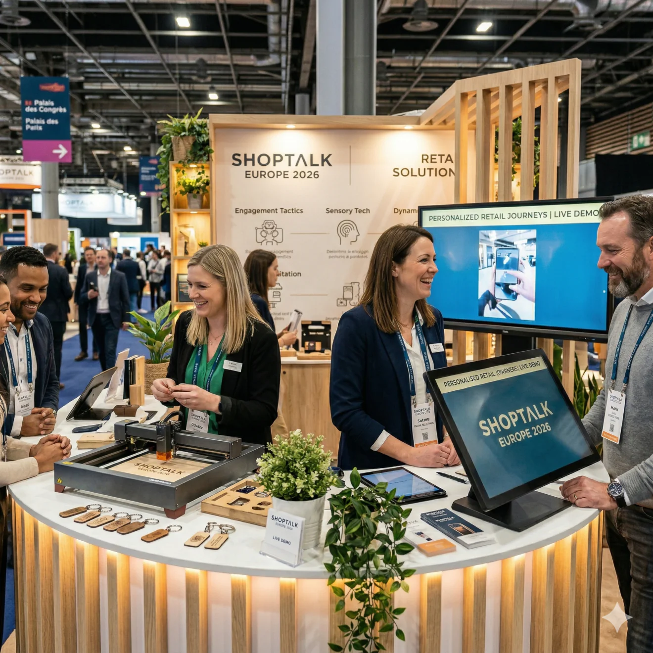 Stand avec gravure laser et écrans interactifs.