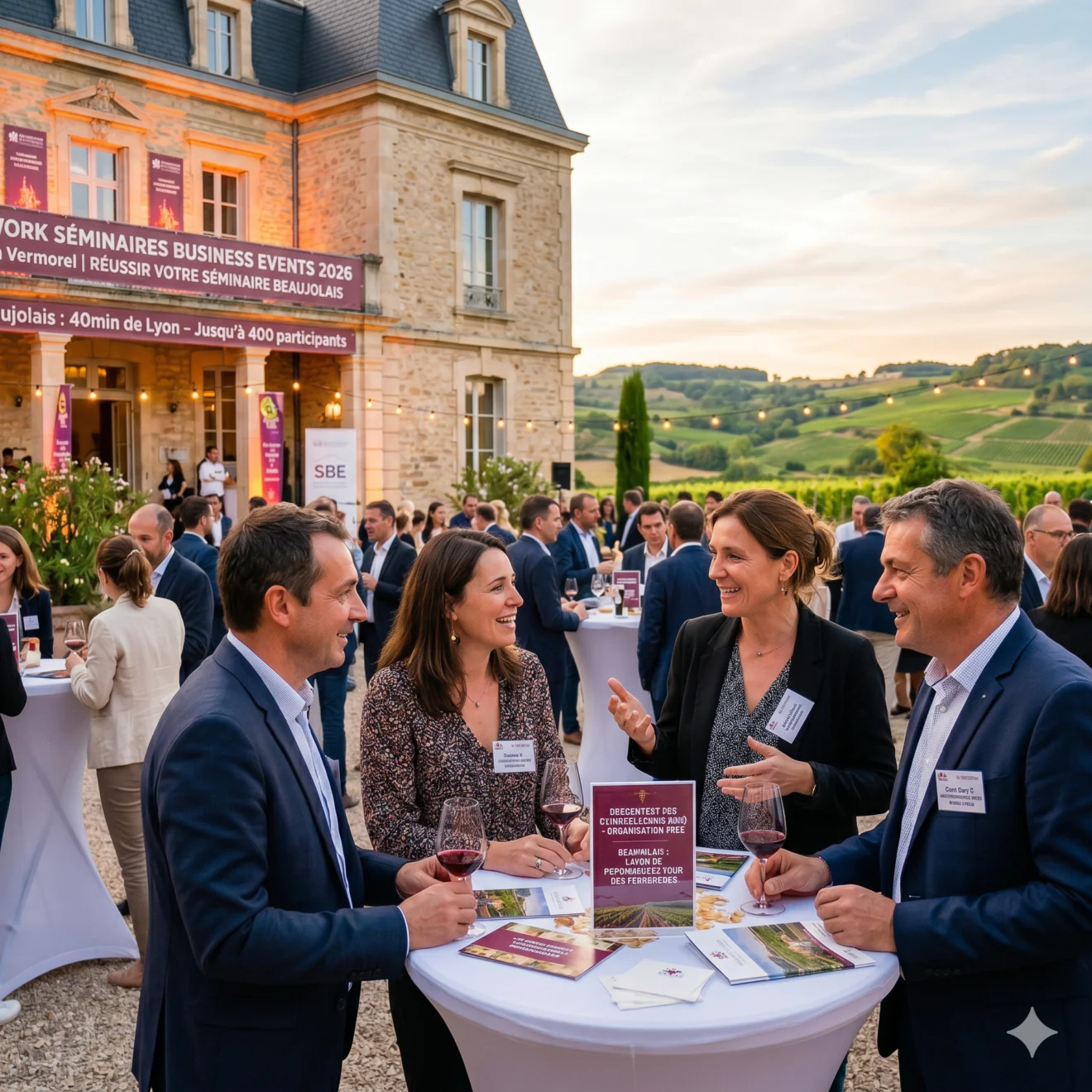 Cocktail d'affaires en extérieur face aux vignobles du Beaujolais.