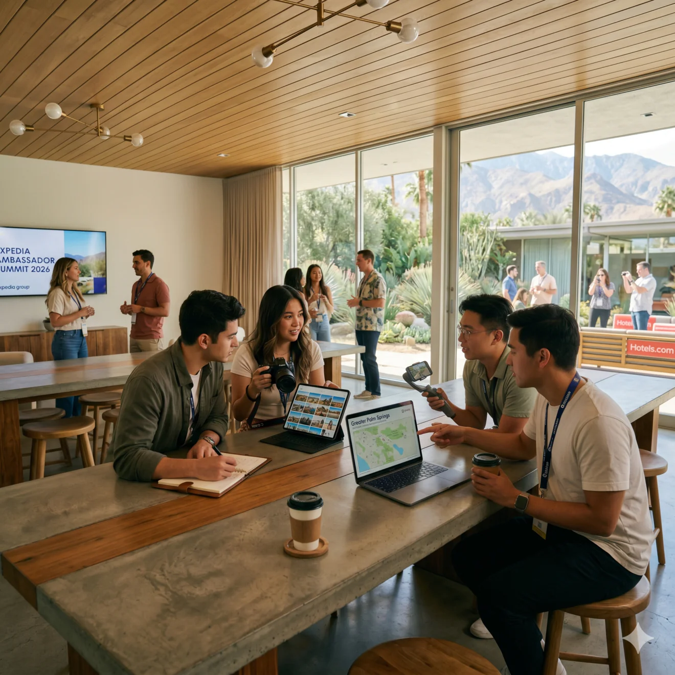 Créateurs en plein brainstorming numérique dans une villa moderne face aux montagnes.