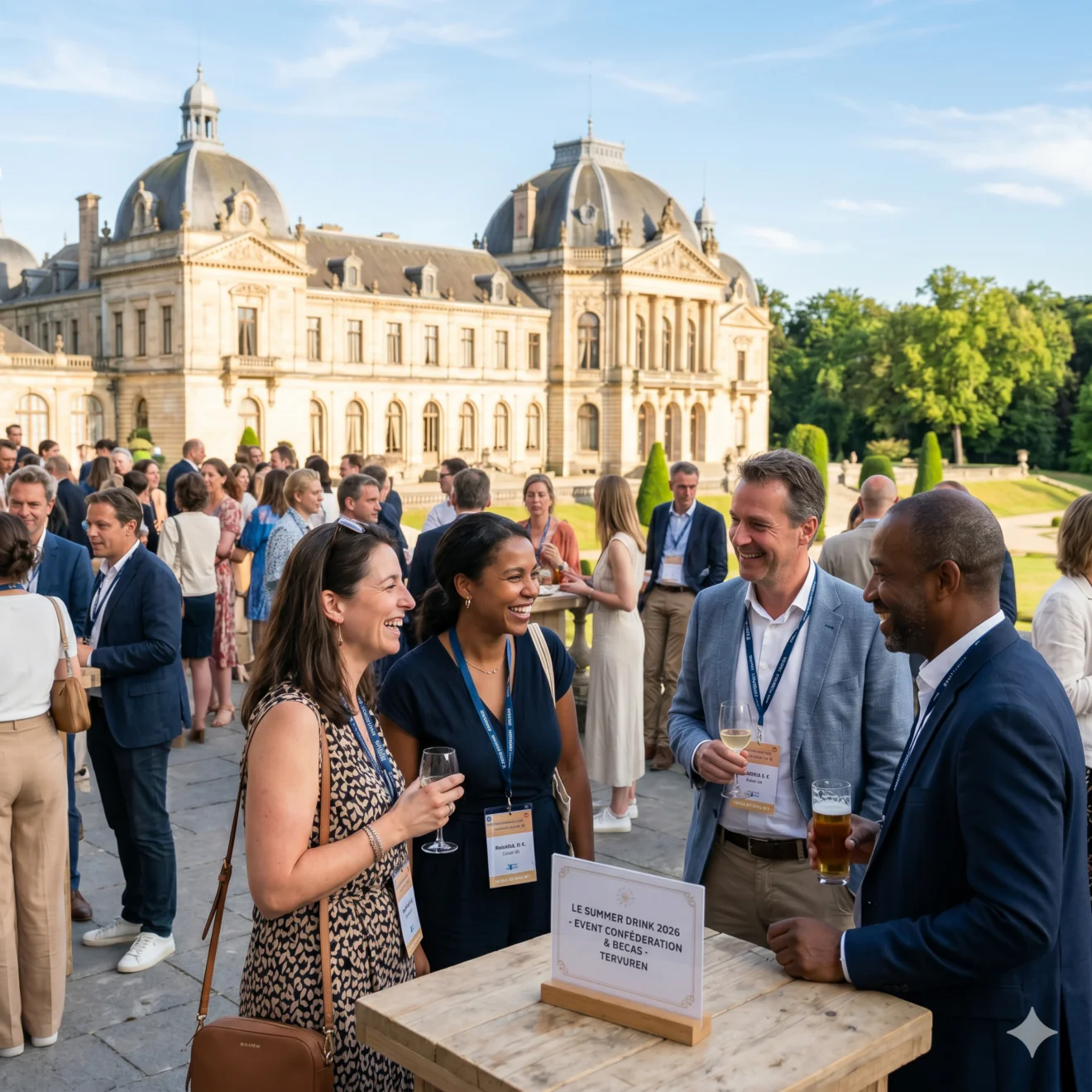 Cocktail professionnel en terrasse face à un palais, ambiance estivale.