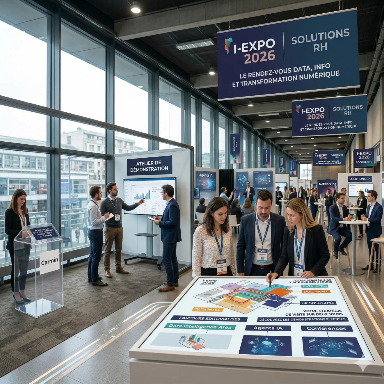 Intérieur du salon avec ateliers, networking et plan interactif.