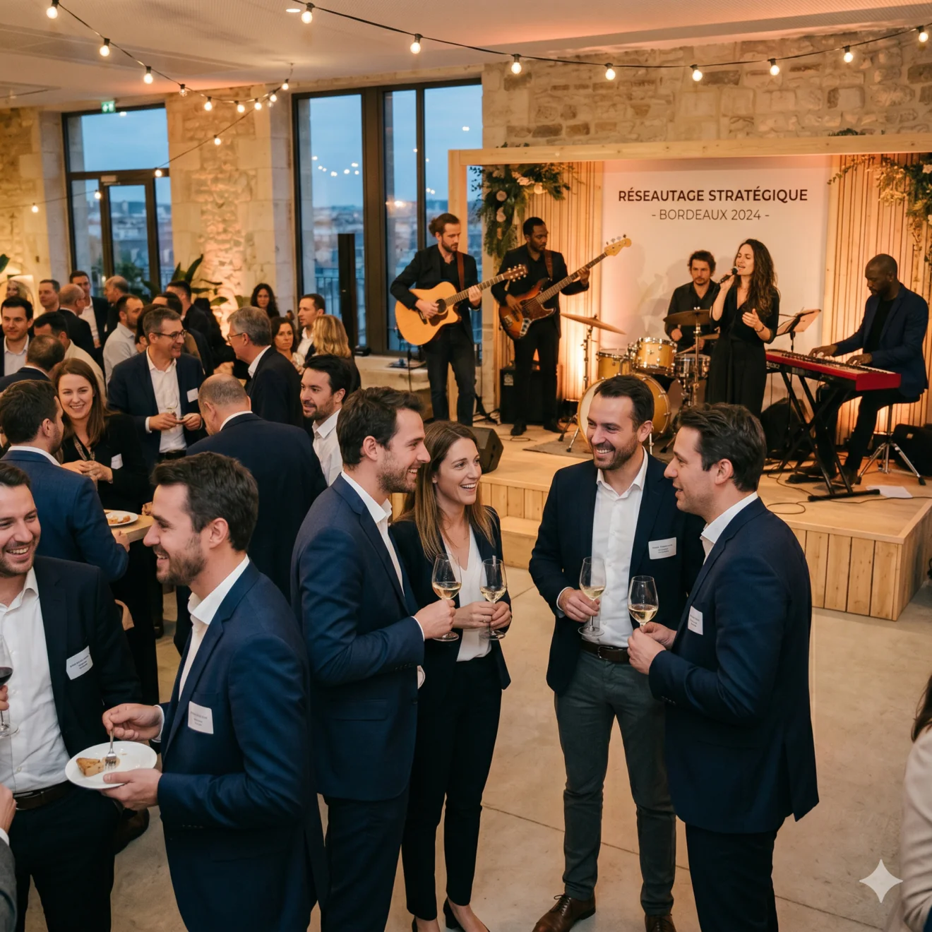 Cocktail professionnel animé avec musiciens live en arrière-plan et convives échangeant avec des verres de vin.