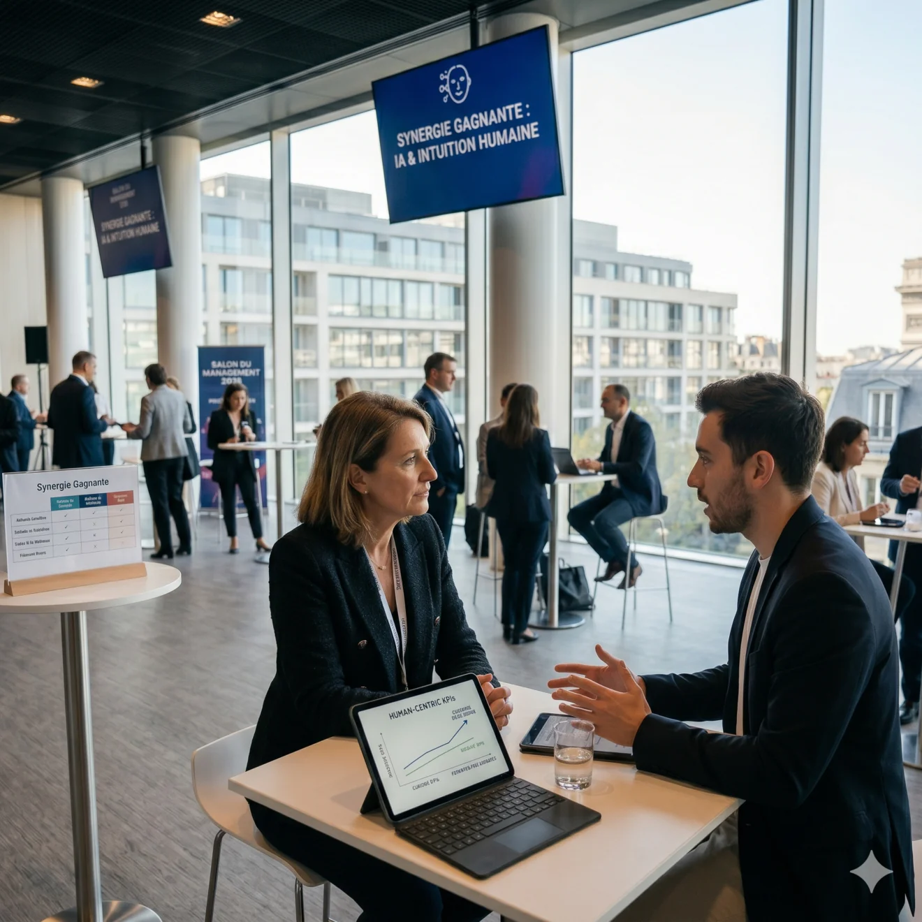 Duo de managers débattant de la synergie entre IA et intuition humaine.