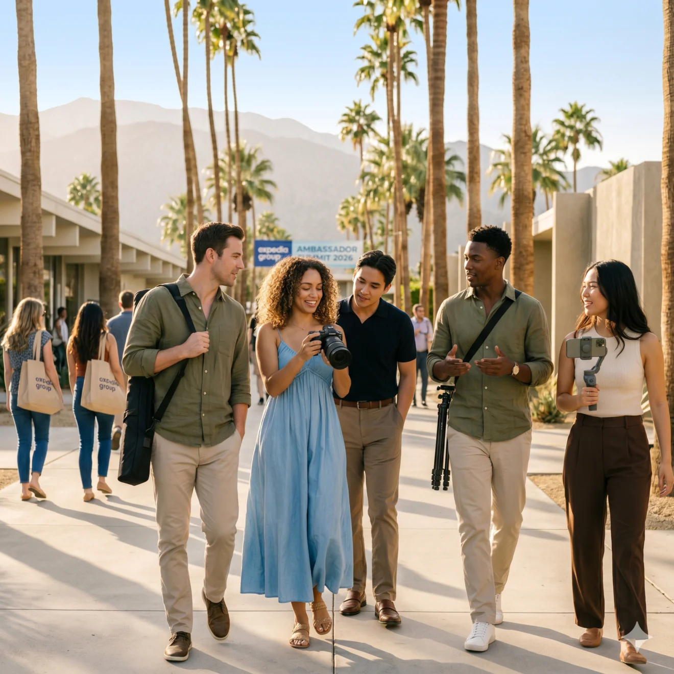 Groupe d'influenceurs équipés marchant sous les palmiers de Palm Springs.