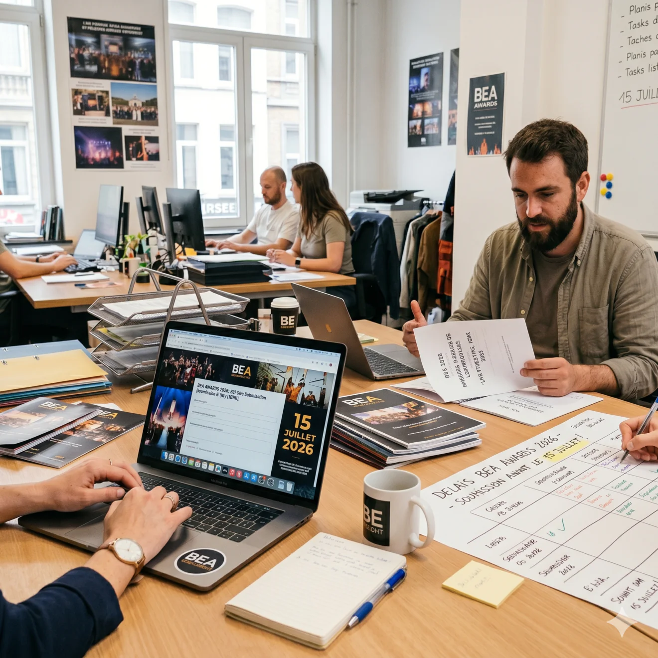 Gros plan sur un espace de travail collaboratif montrant un ordinateur ouvert sur le portail de soumission des BEA Awards et un calendrier de production.