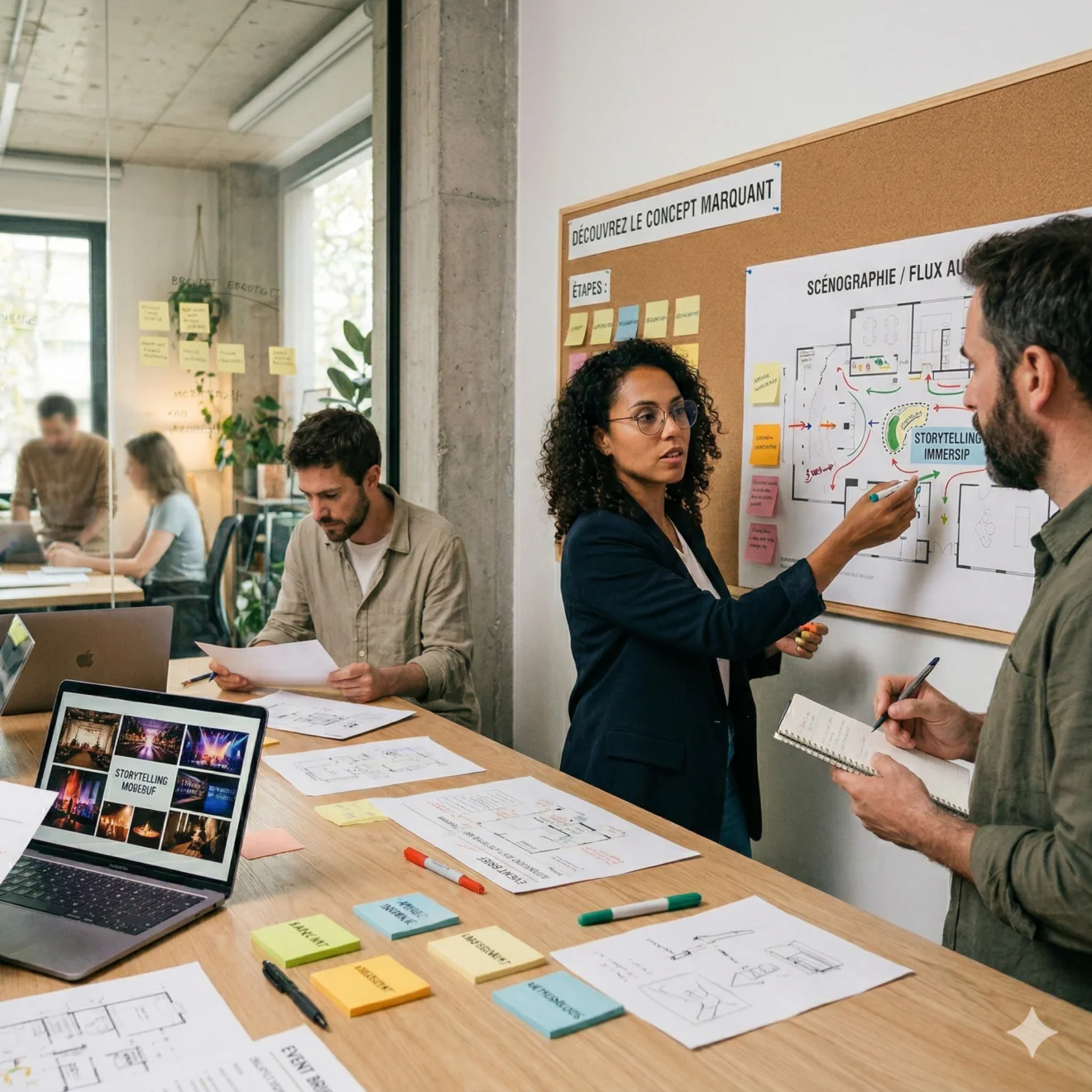 Une équipe en agence analyse un brief client et des flux d'audience autour d'un grand tableau de liège et de plans techniques.